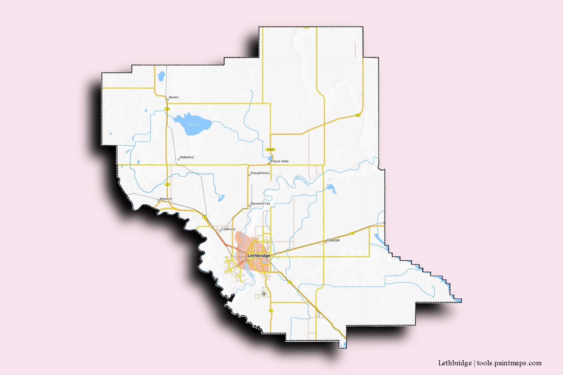Mapa de barrios y pueblos de Lethbridge con efecto de sombra 3D