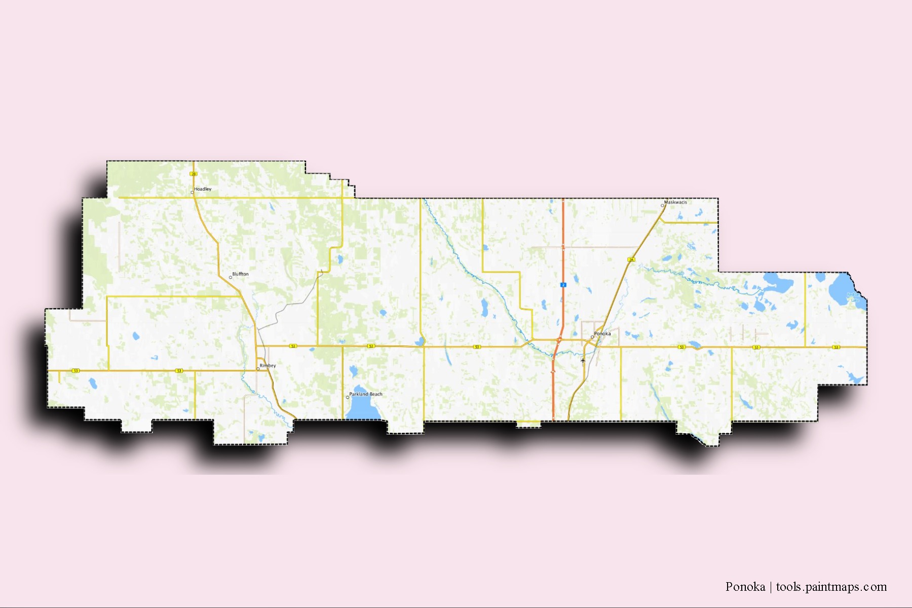 Ponoka neighborhoods and villages map with 3D shadow effect