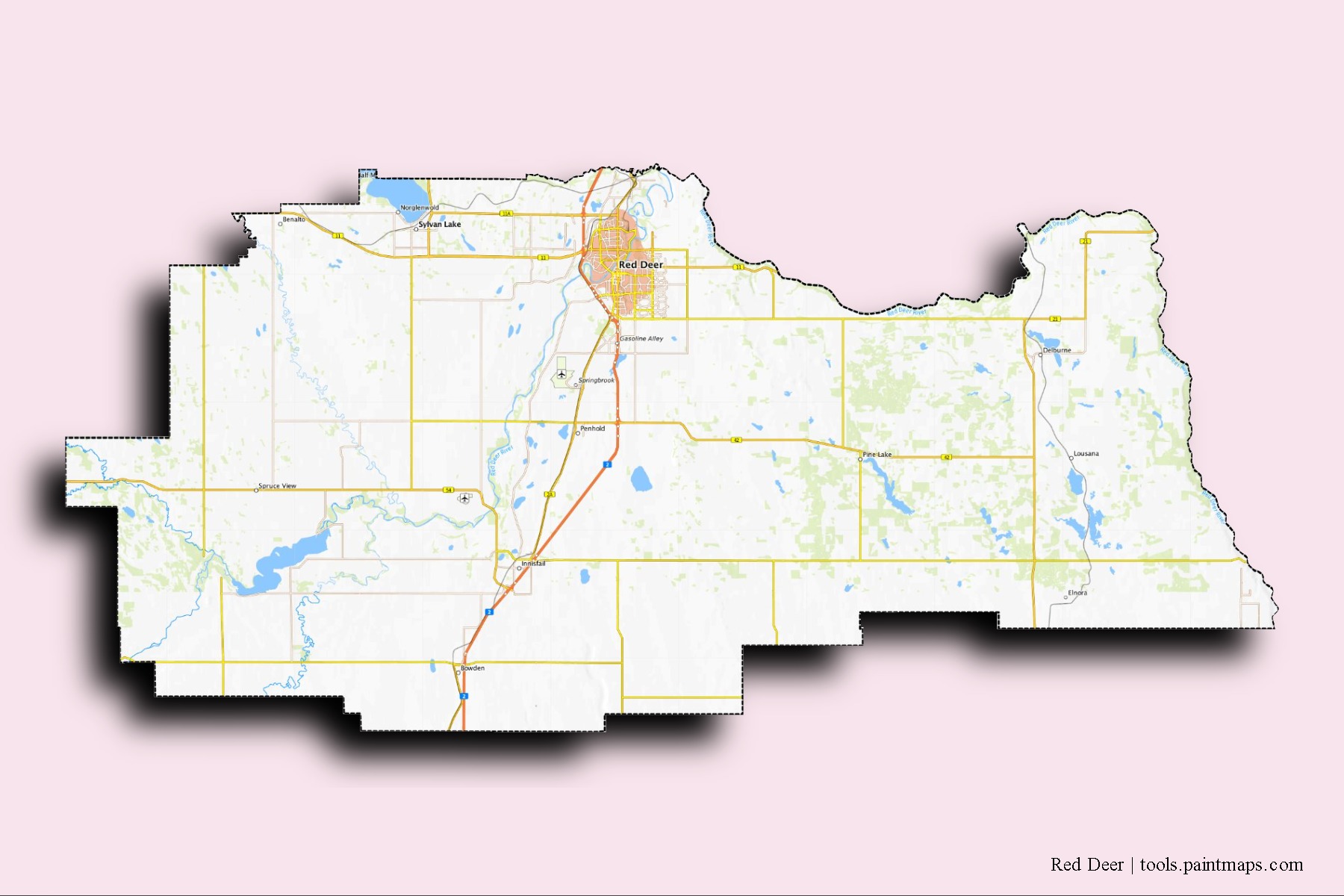 Mapa de barrios y pueblos de Red Deer con efecto de sombra 3D