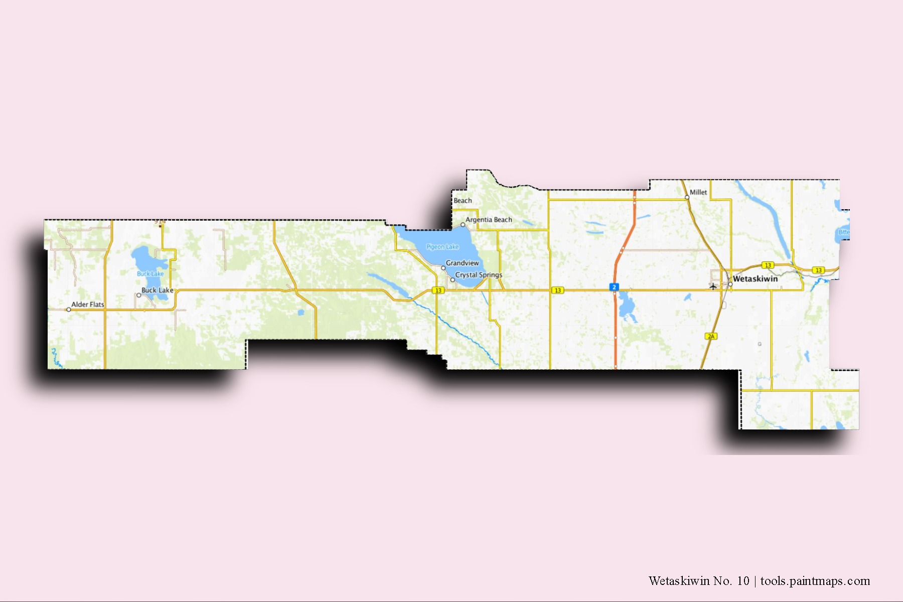 Wetaskiwin No. 10 neighborhoods and villages map with 3D shadow effect