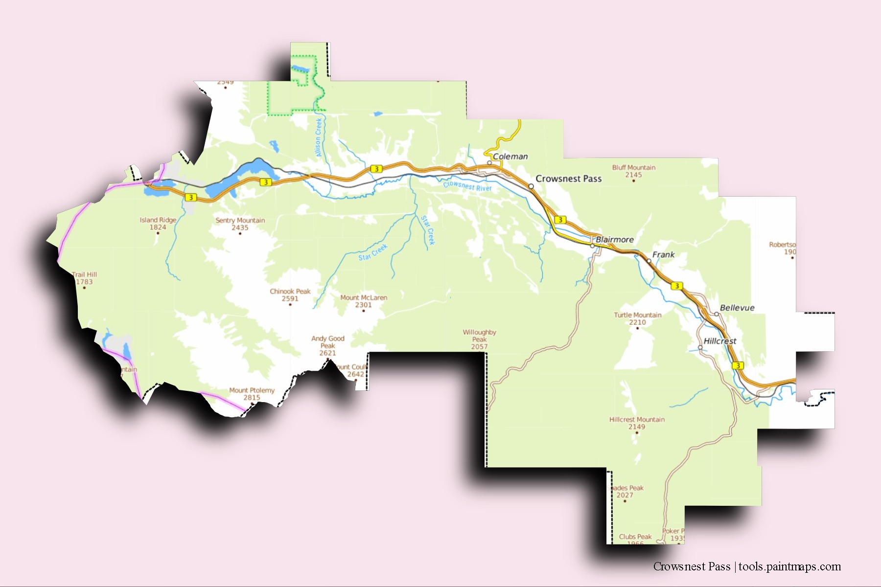 Crowsnest Pass neighborhoods and villages map with 3D shadow effect