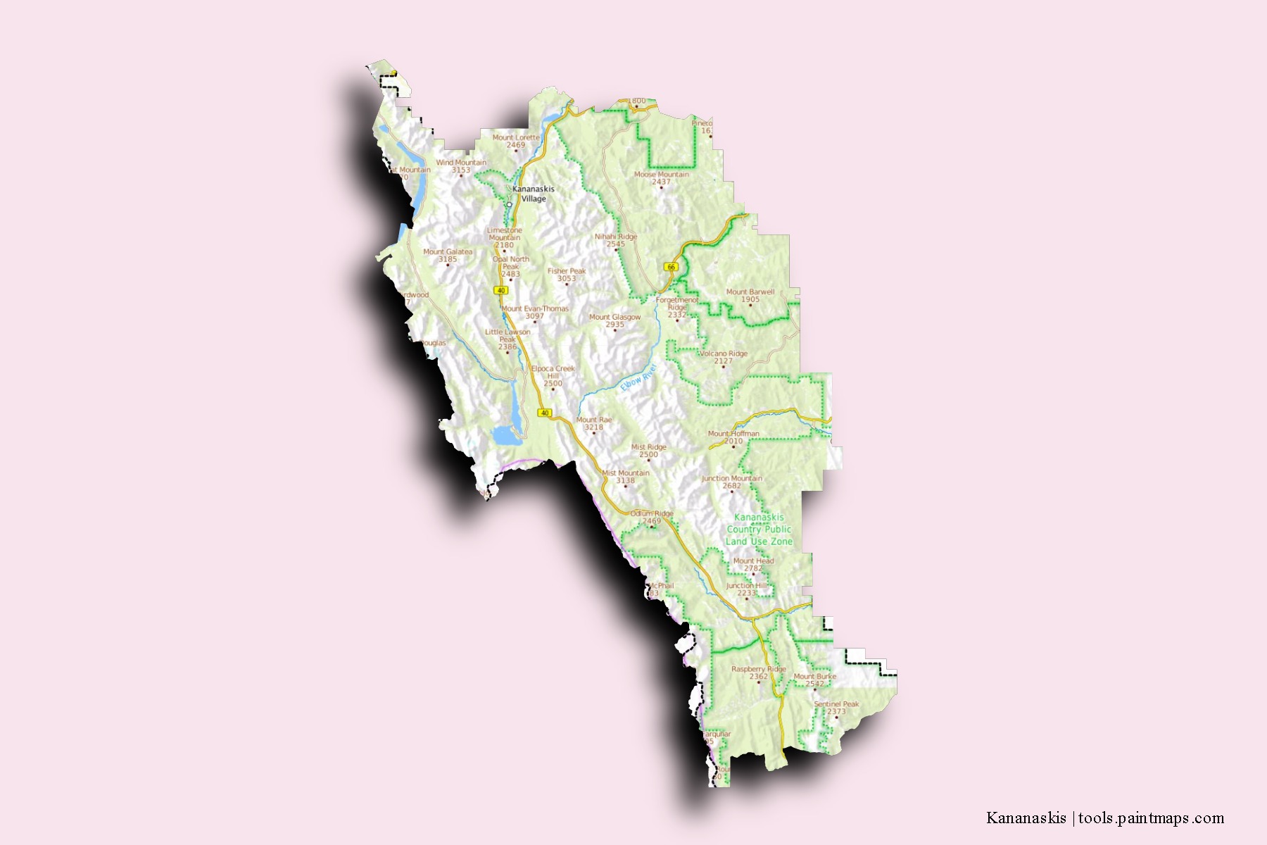 Kananaskis neighborhoods and villages map with 3D shadow effect