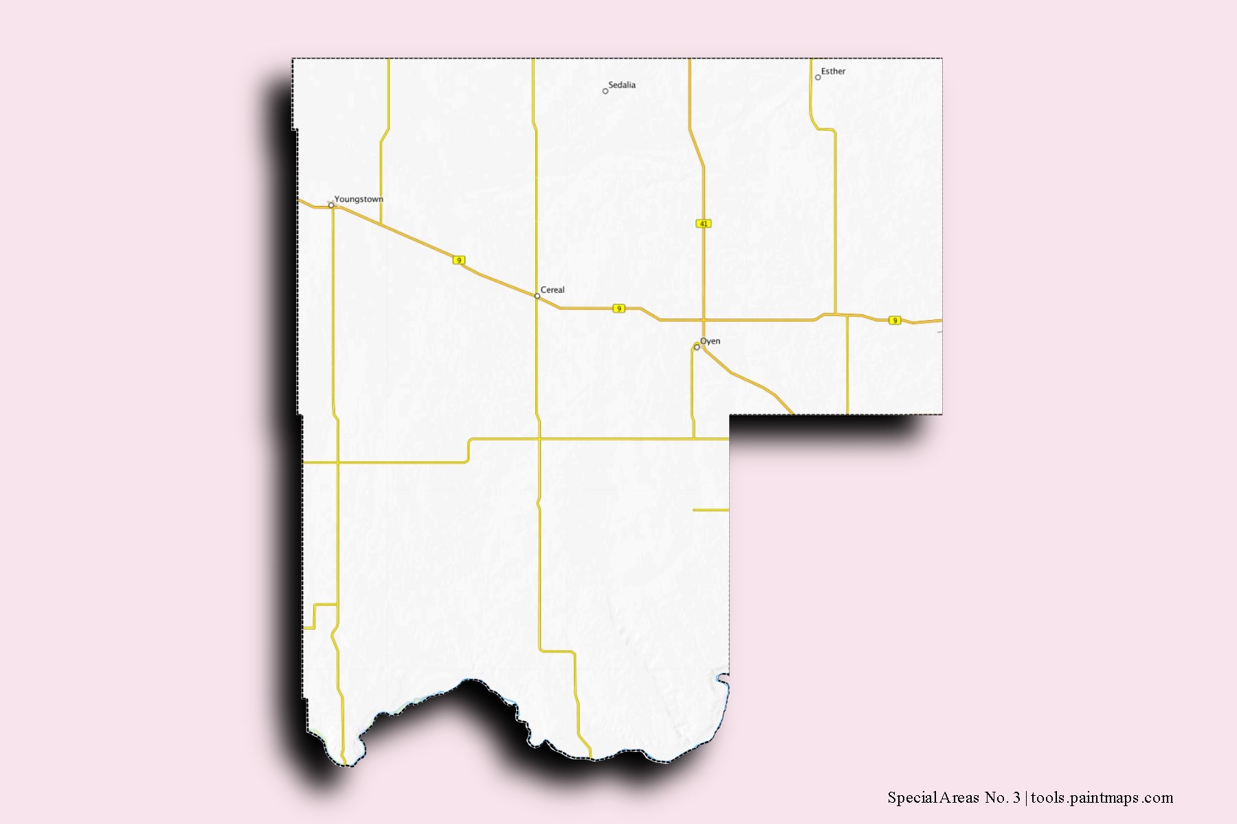 Mapa de barrios y pueblos de Special Areas No. 3 con efecto de sombra 3D