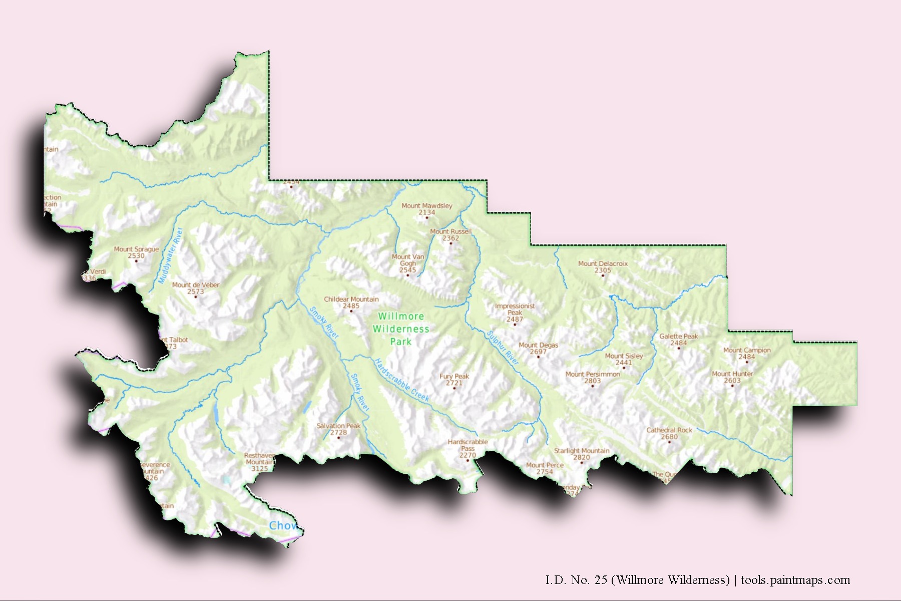 I.D. No. 25 (Willmore Wilderness) neighborhoods and villages map with 3D shadow effect