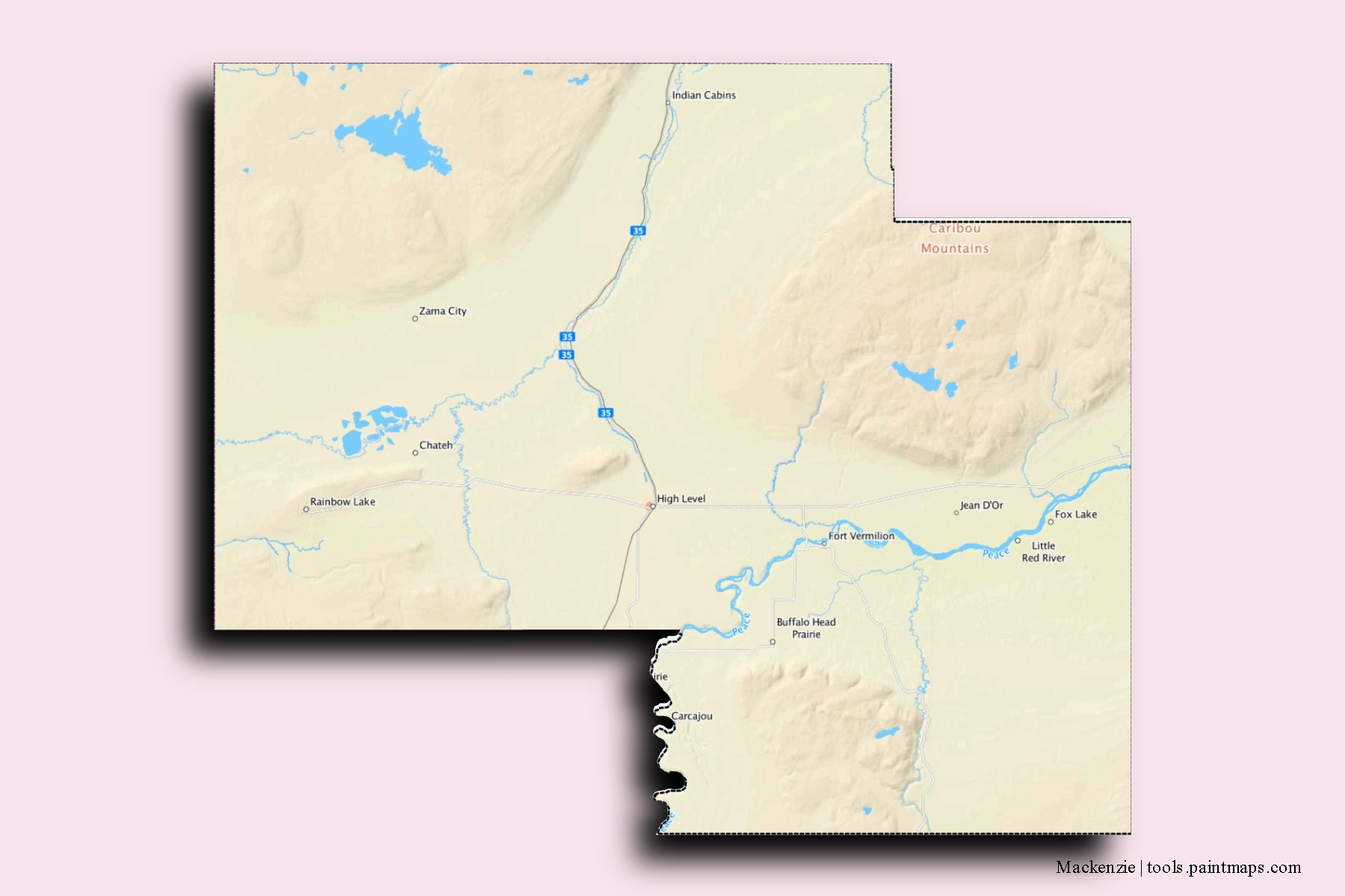 Mapa de barrios y pueblos de Mackenzie con efecto de sombra 3D