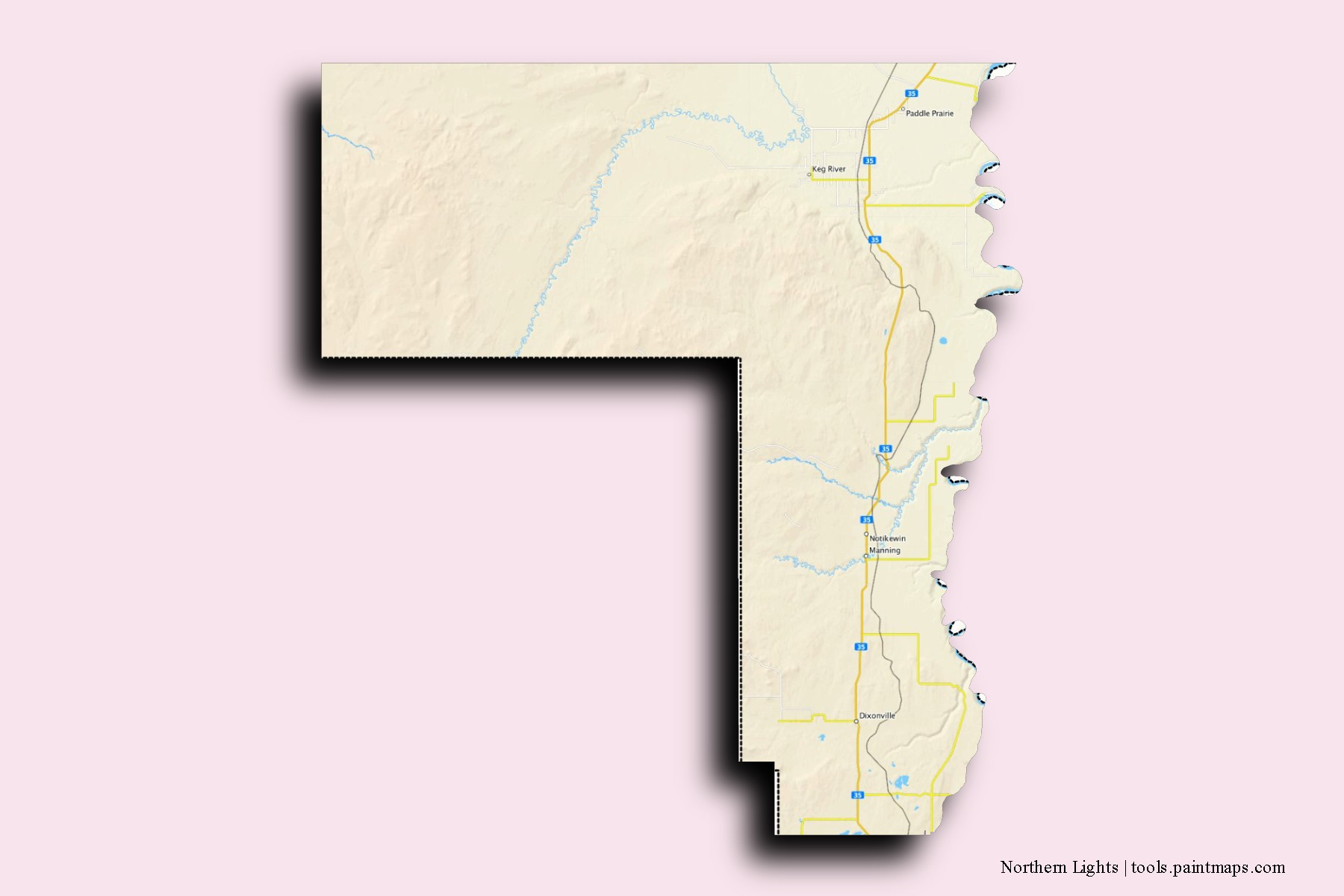 Mapa de barrios y pueblos de Northern Lights con efecto de sombra 3D