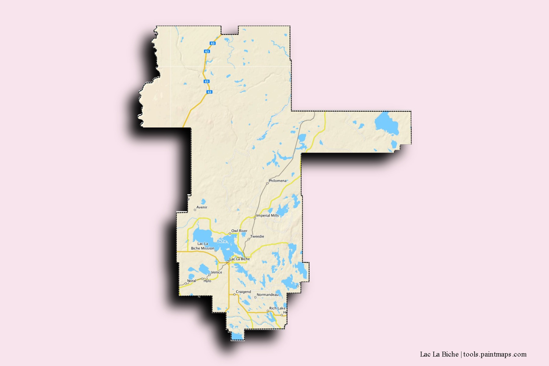 Lac La Biche neighborhoods and villages map with 3D shadow effect