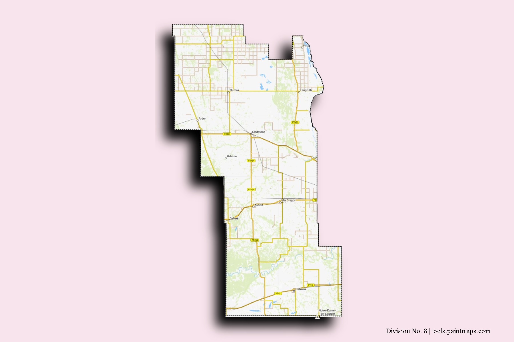 Division No. 8 neighborhoods and villages map with 3D shadow effect