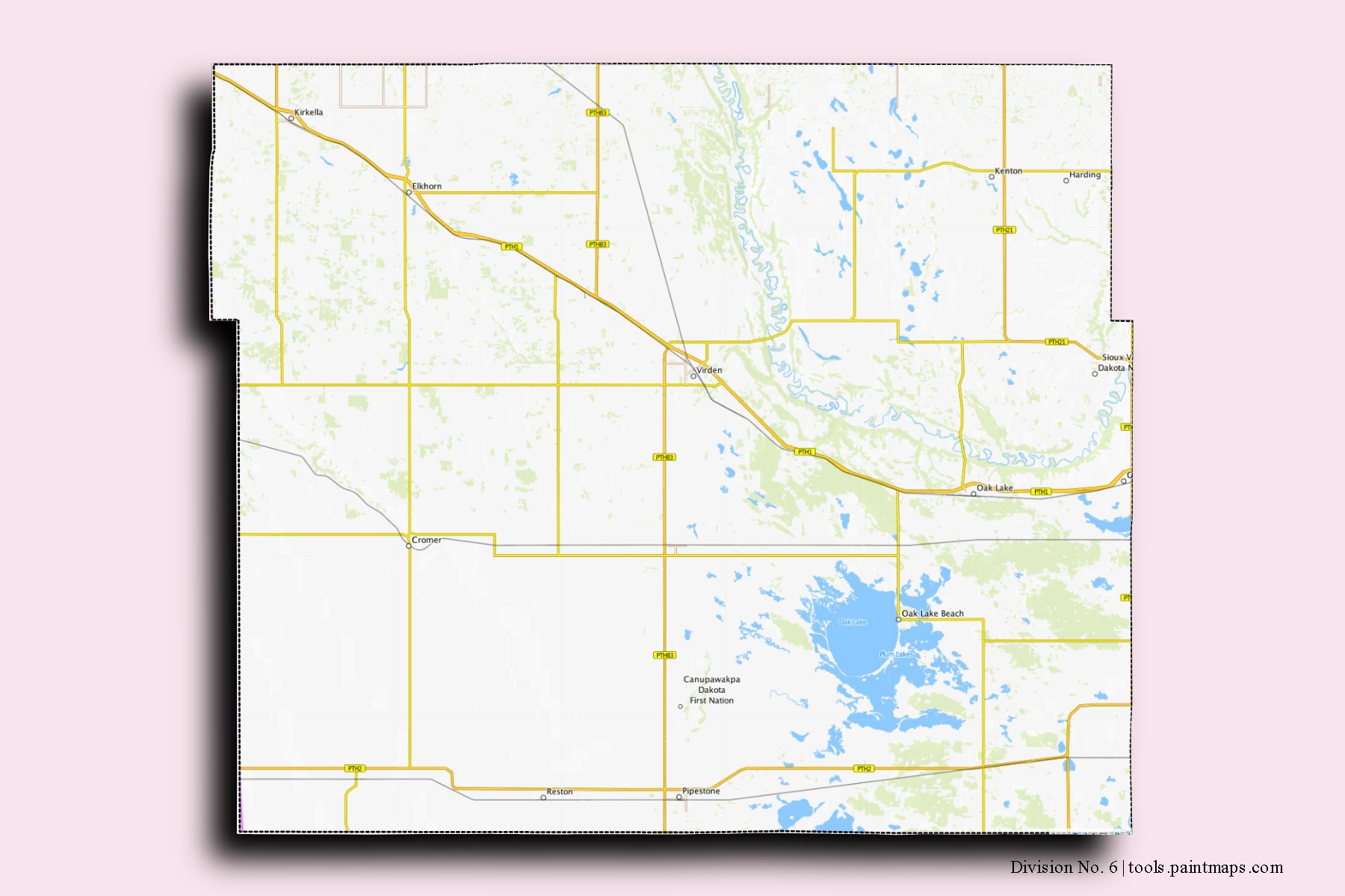 Division No. 6 neighborhoods and villages map with 3D shadow effect