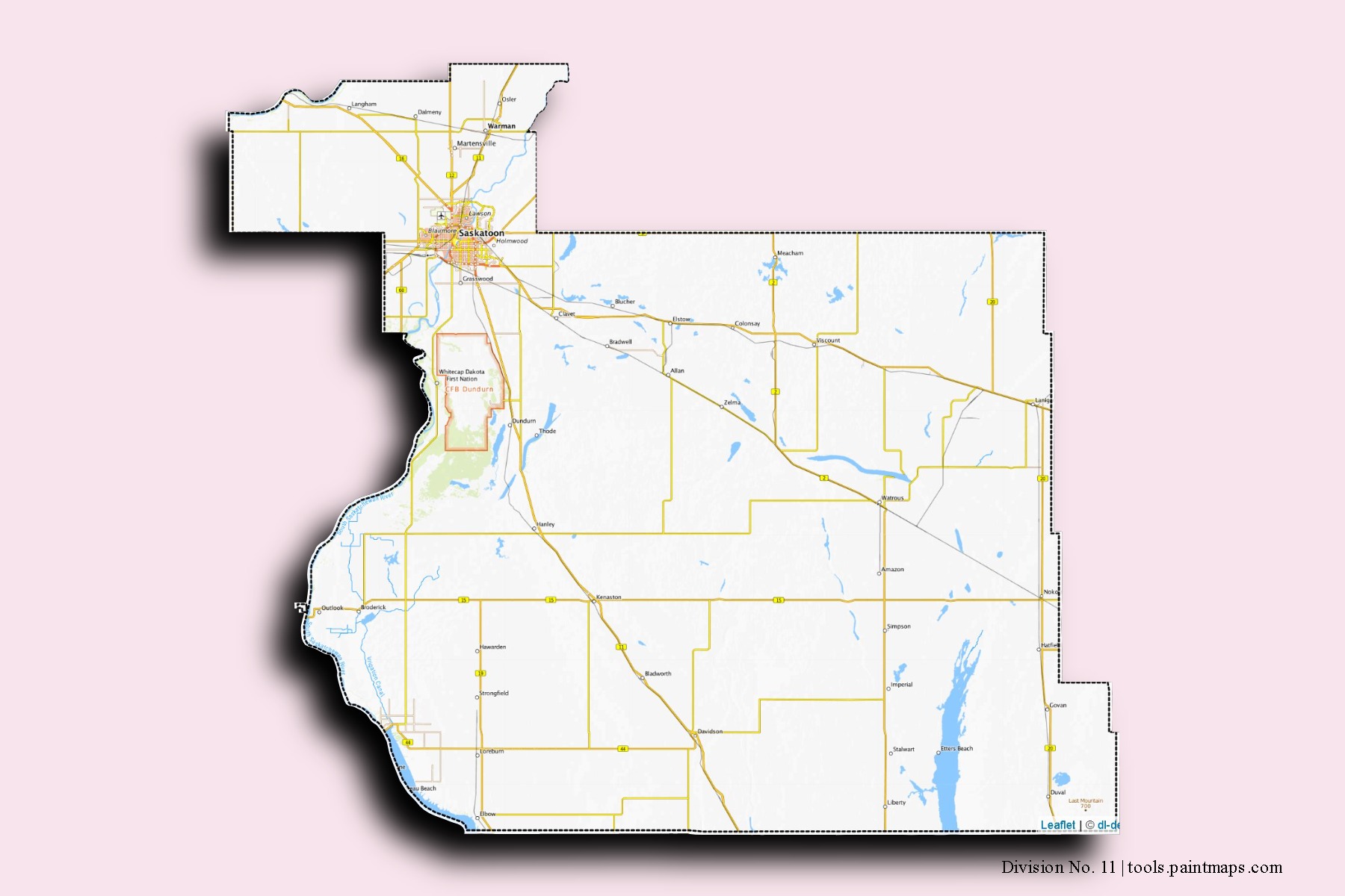 Division No. 11 neighborhoods and villages map with 3D shadow effect