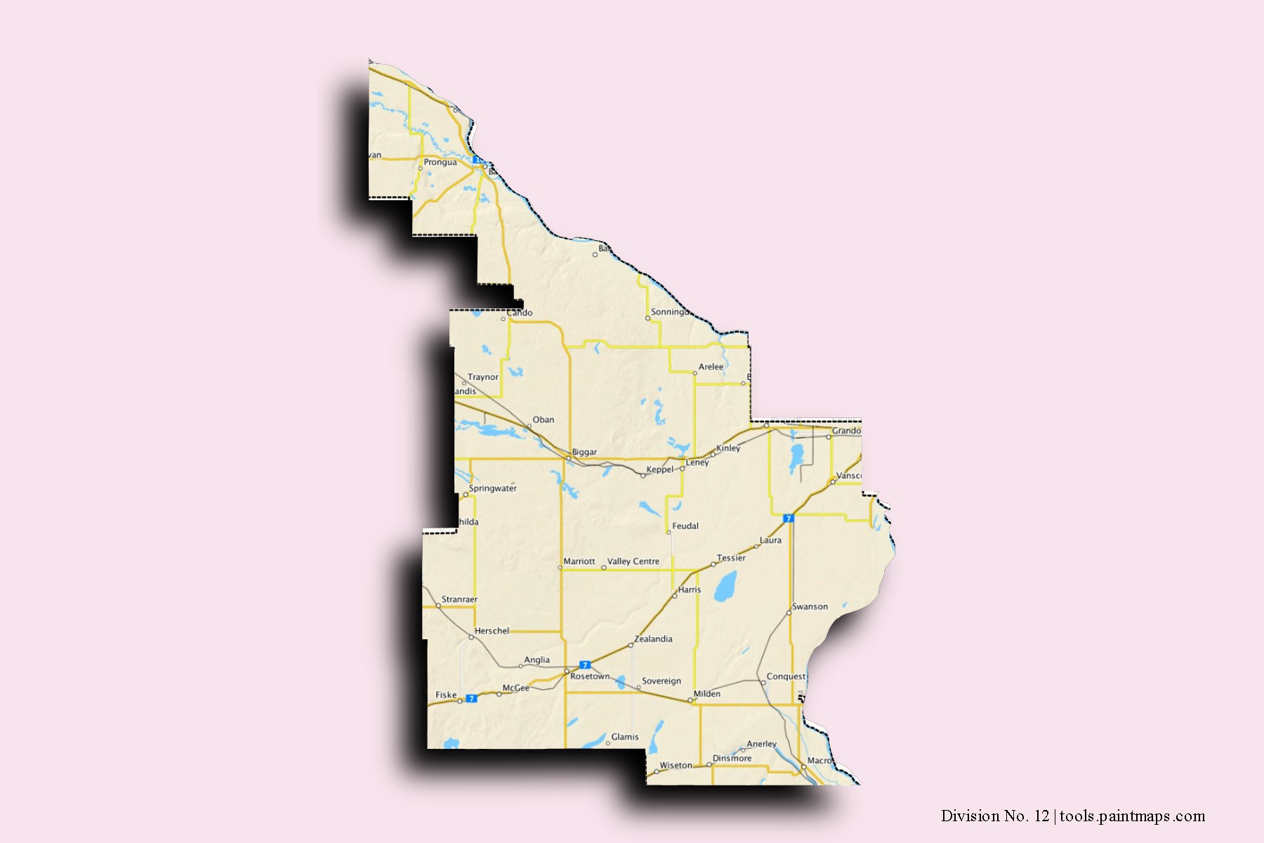 Mapa de barrios y pueblos de Division No. 12 con efecto de sombra 3D