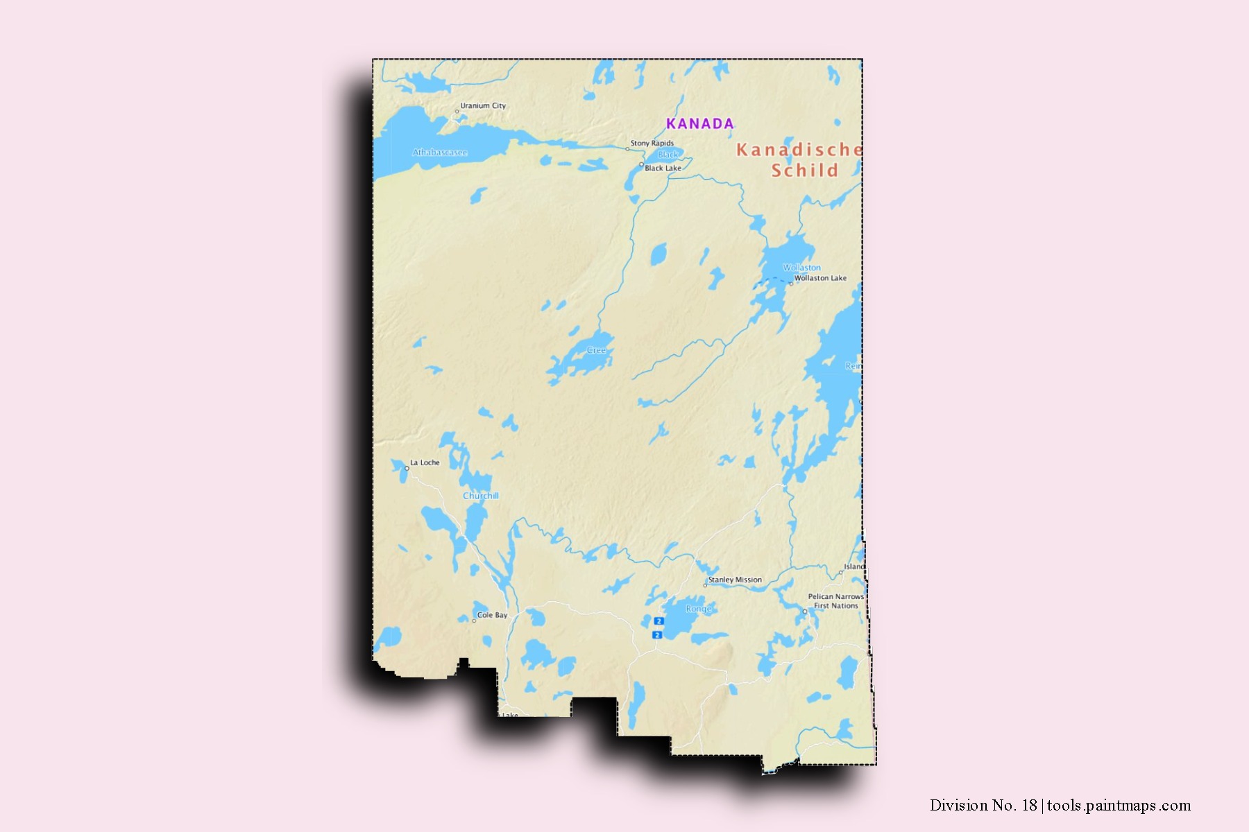 Division No. 18 neighborhoods and villages map with 3D shadow effect