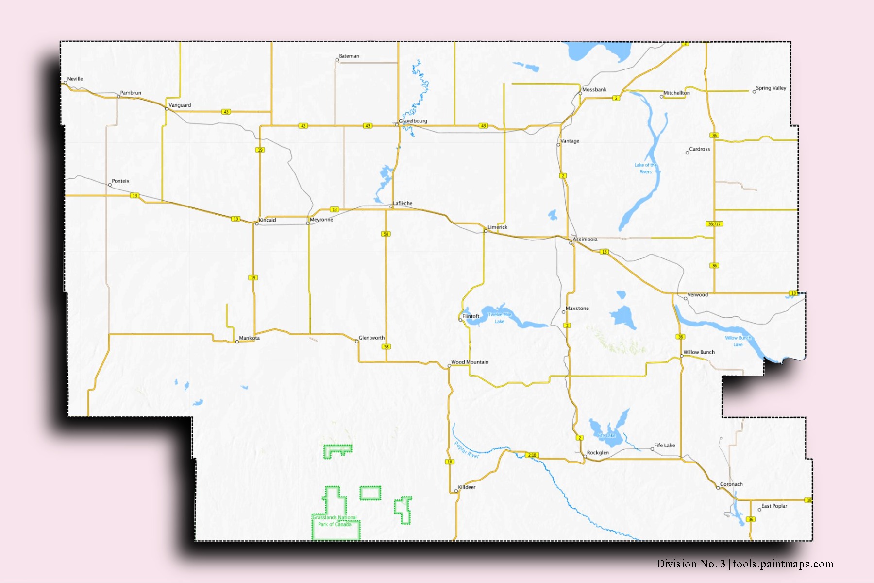 Division No. 3 neighborhoods and villages map with 3D shadow effect