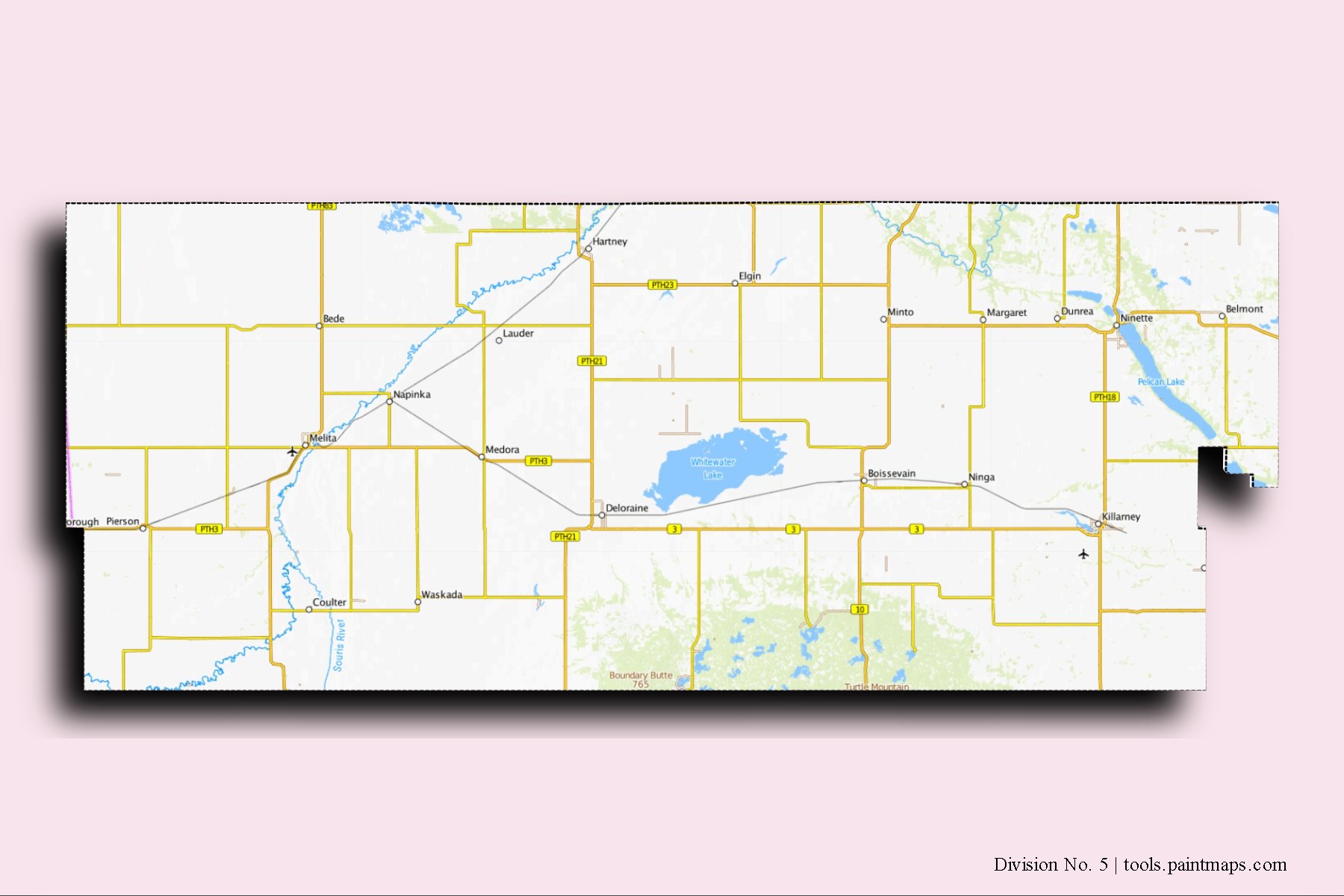 Division No. 5 neighborhoods and villages map with 3D shadow effect