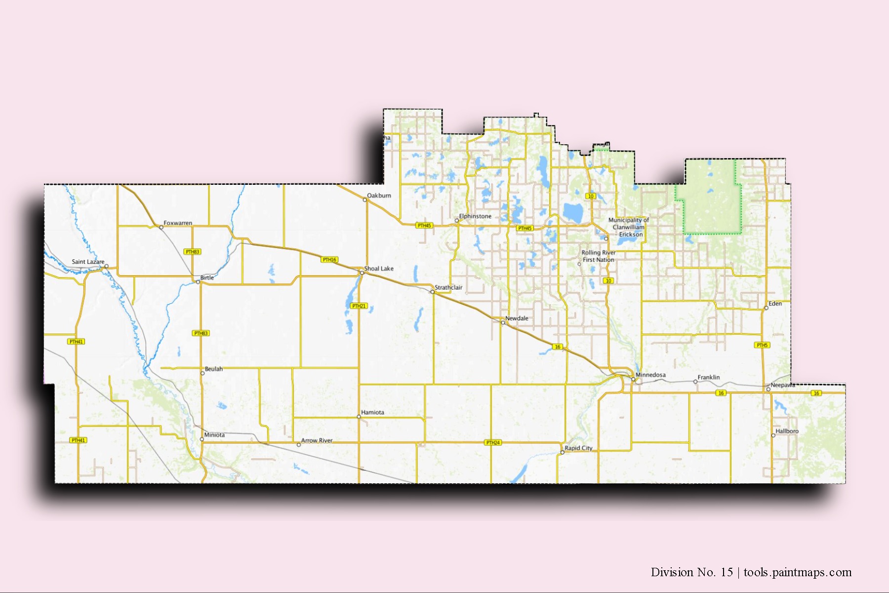 Division No. 15 neighborhoods and villages map with 3D shadow effect