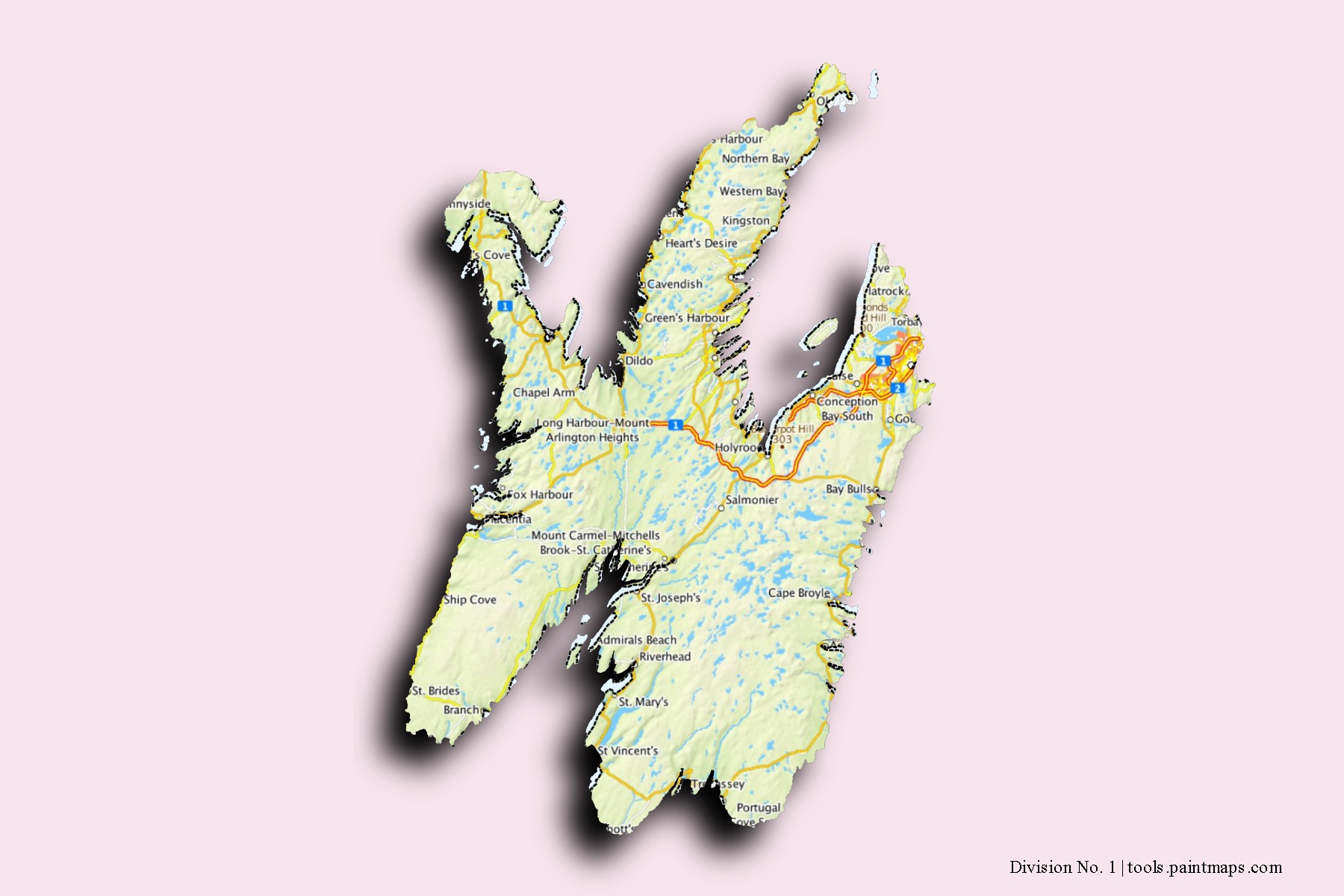 Mapa de barrios y pueblos de Division No. 1 con efecto de sombra 3D