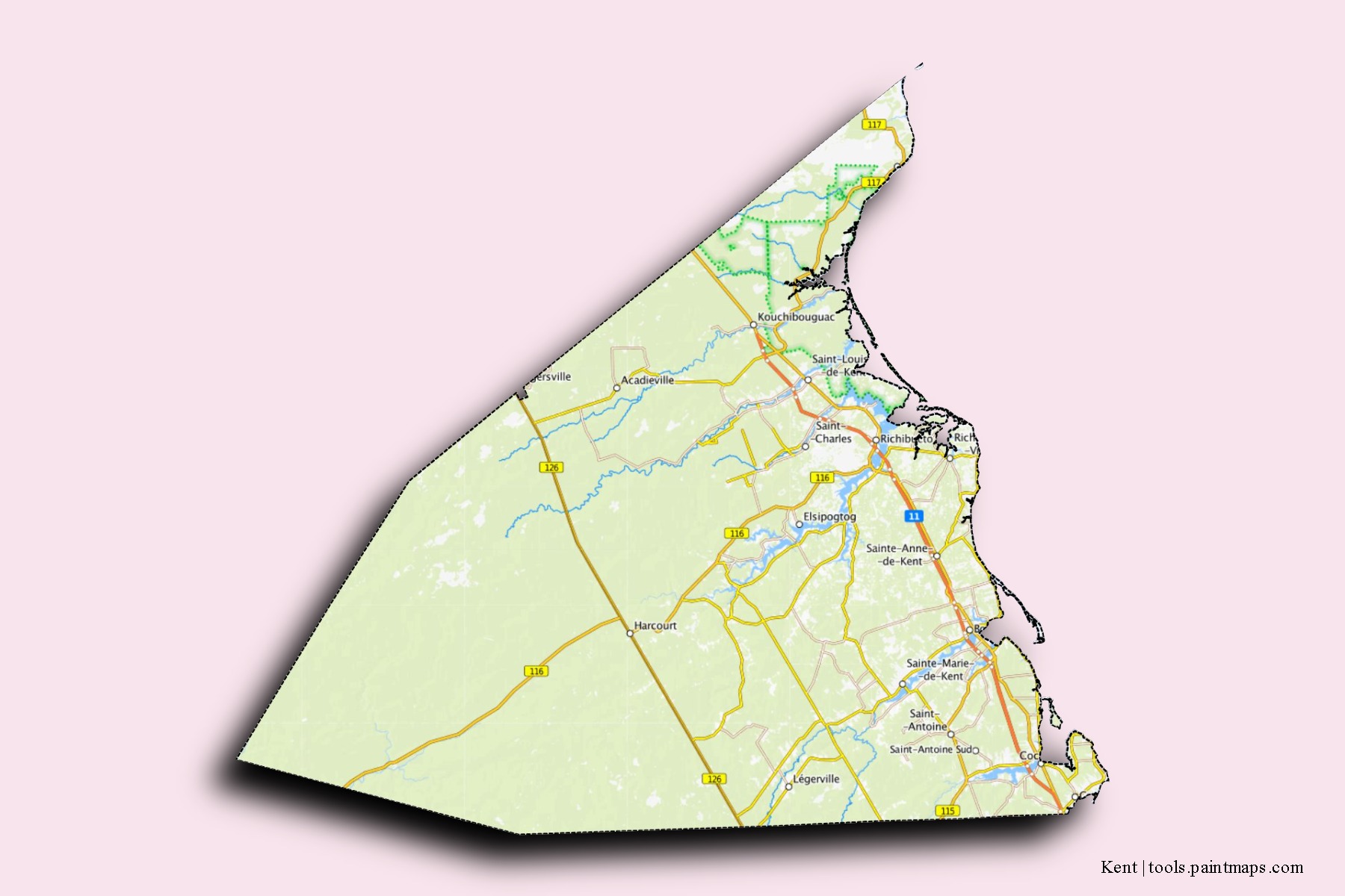 Mapa de barrios y pueblos de Kent con efecto de sombra 3D