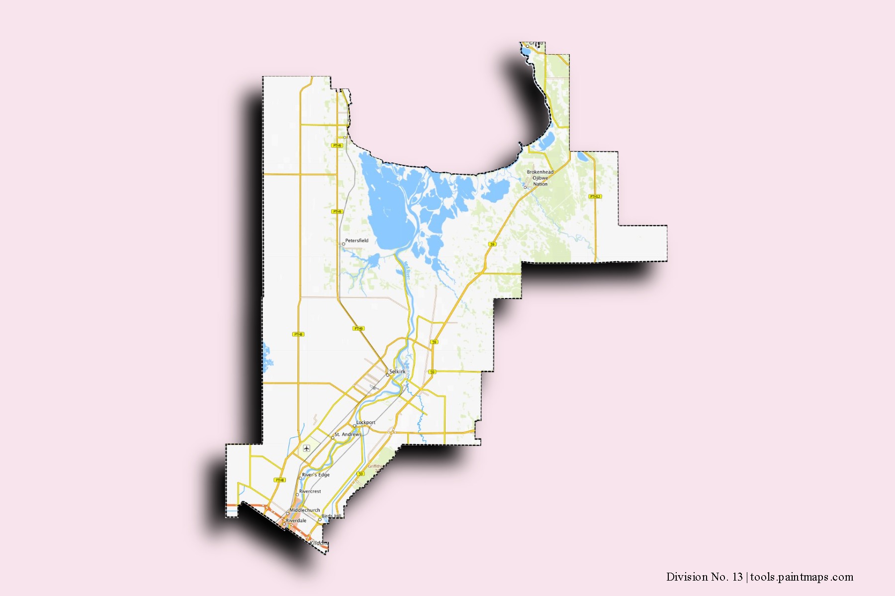 Division No. 13 neighborhoods and villages map with 3D shadow effect