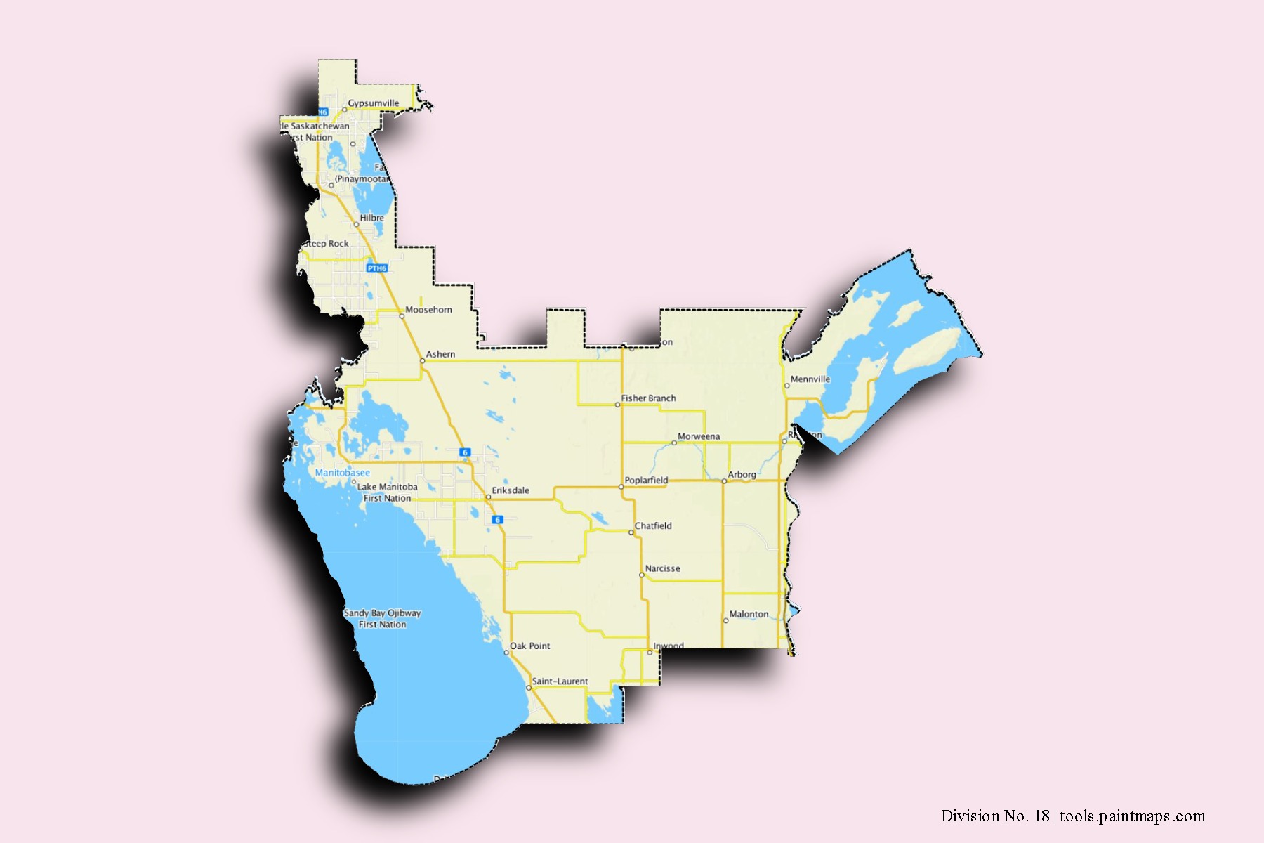 Division No. 18 neighborhoods and villages map with 3D shadow effect