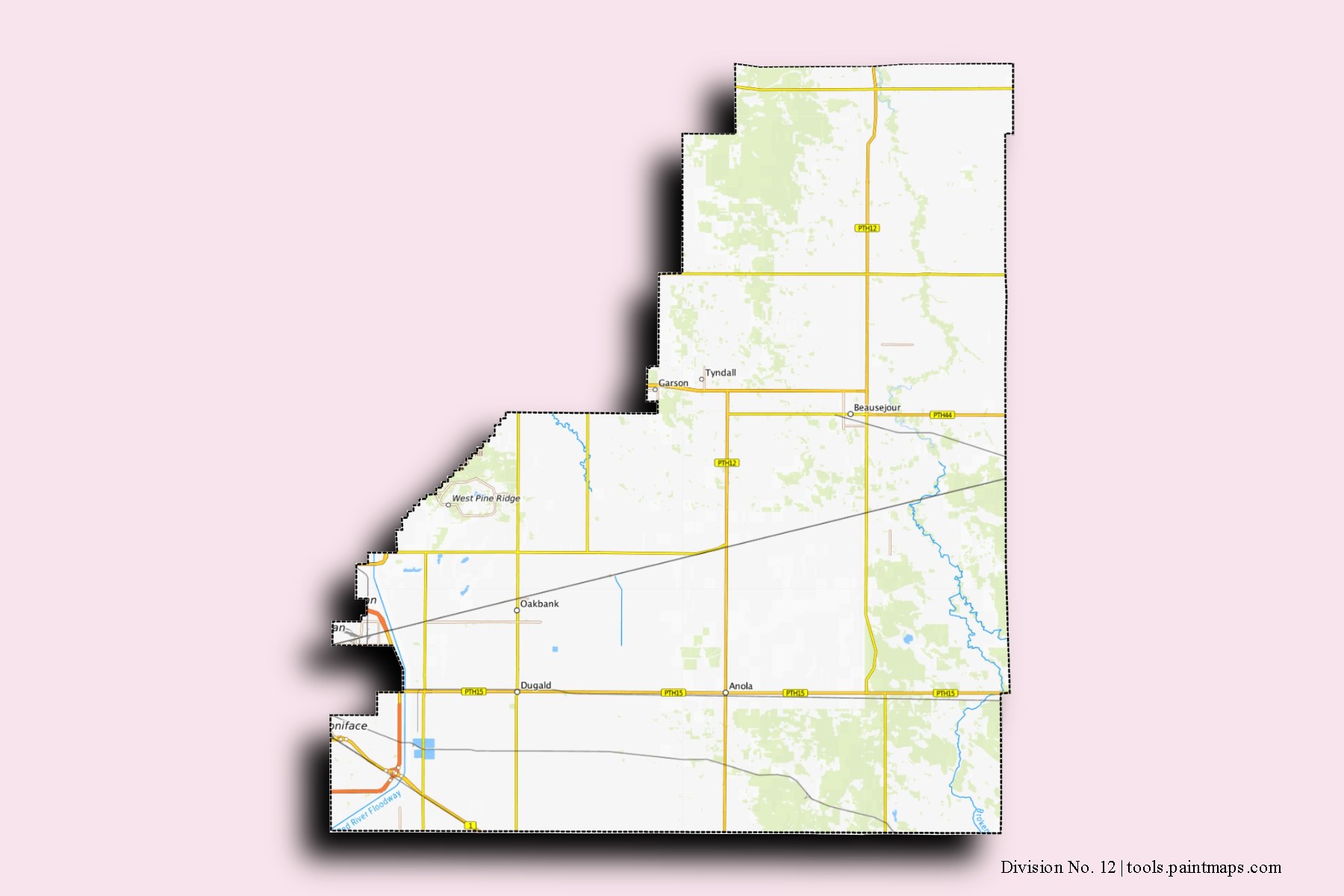 Division No. 12 neighborhoods and villages map with 3D shadow effect