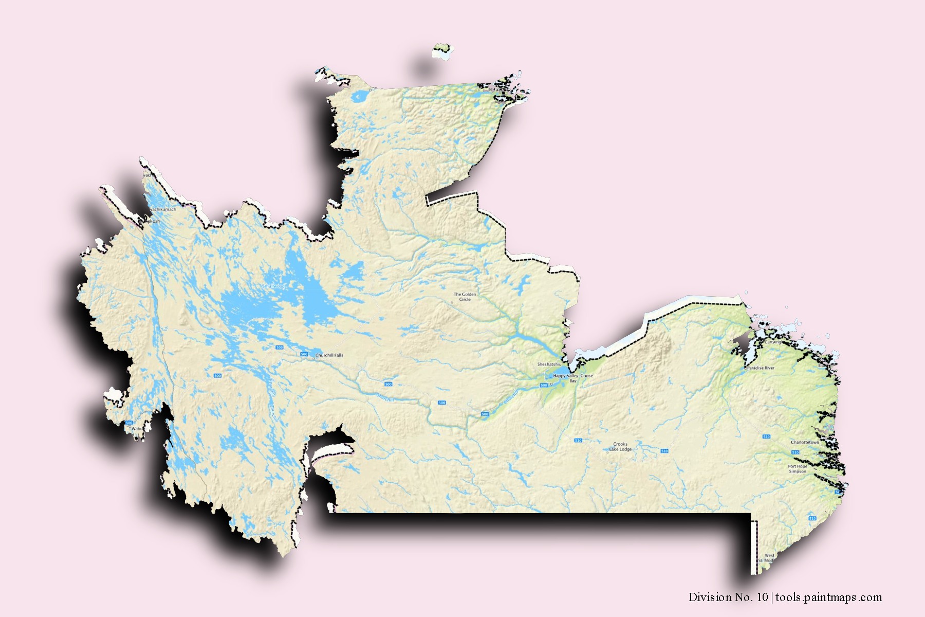 Division No. 10 neighborhoods and villages map with 3D shadow effect