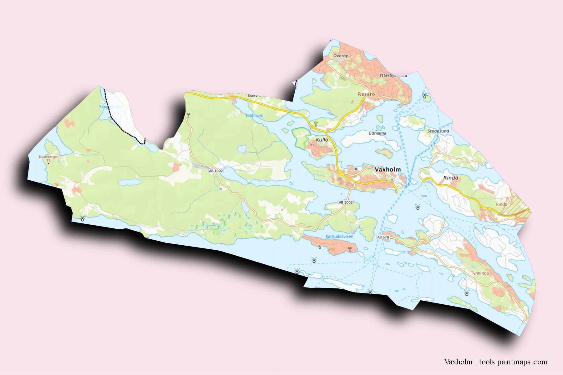 3D gölge efektli Vaxholm mahalleleri ve köyleri haritası