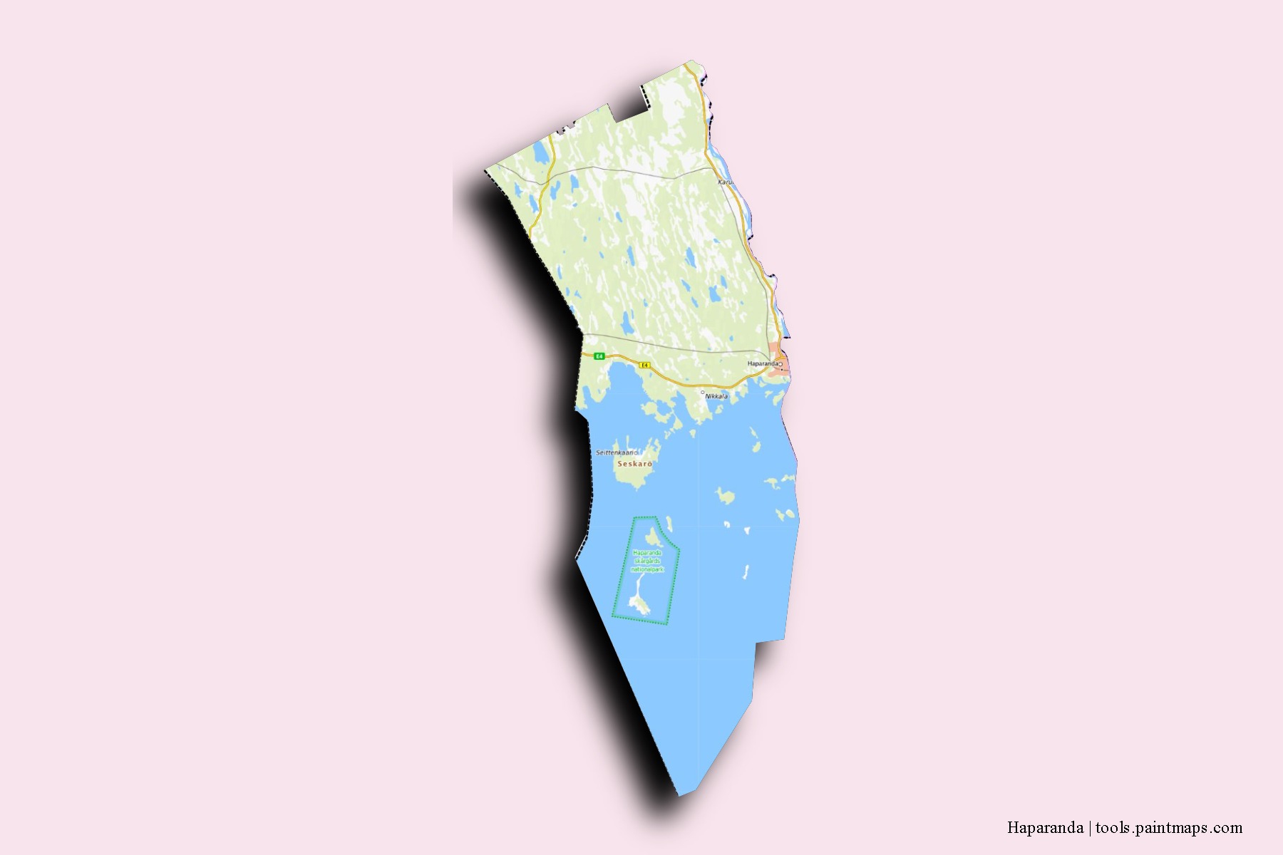 Mapa de barrios y pueblos de Haparanda con efecto de sombra 3D