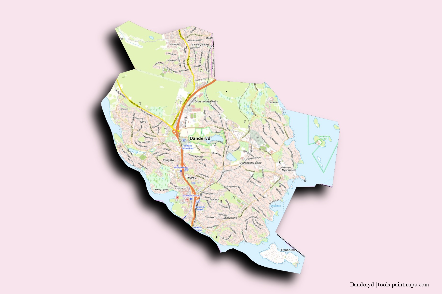 3D gölge efektli Danderyd mahalleleri ve köyleri haritası