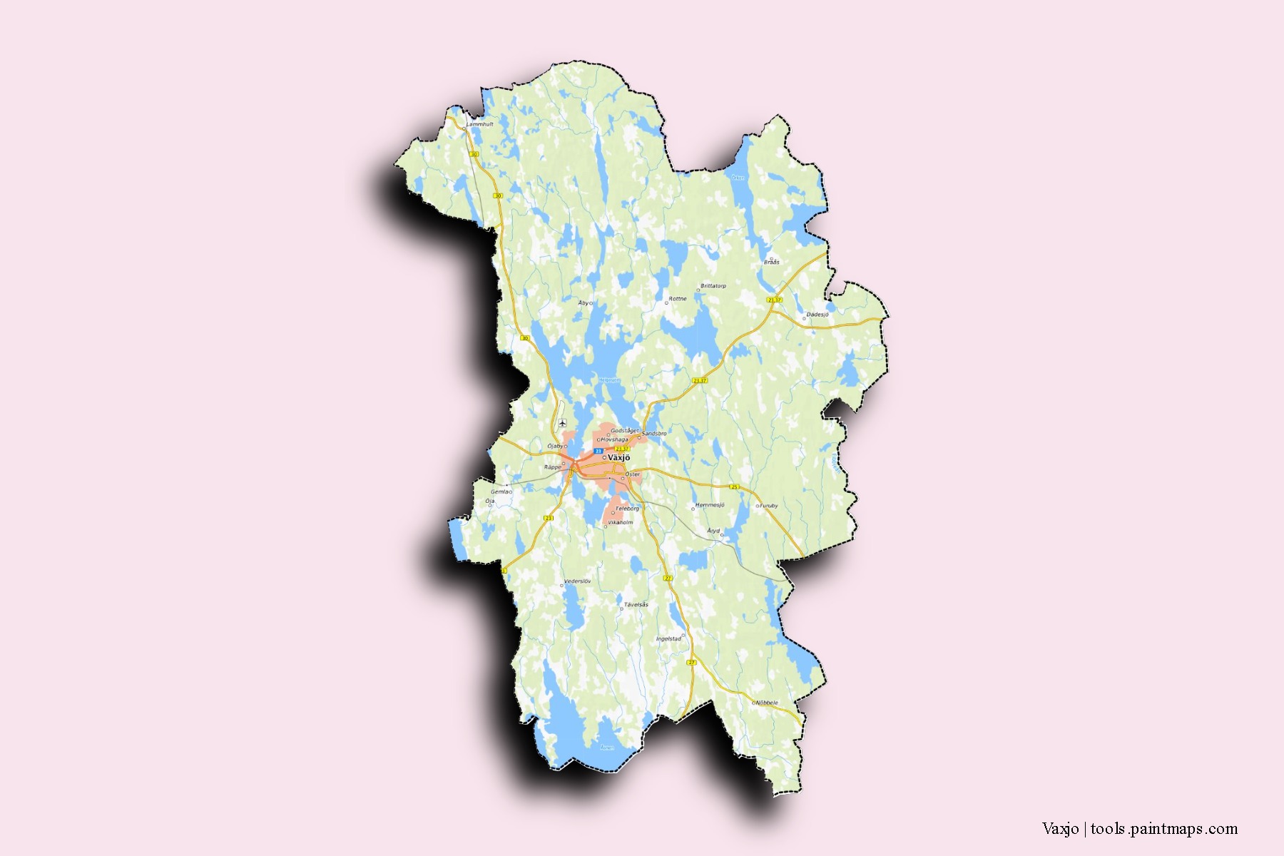 Vaxjo neighborhoods and villages map with 3D shadow effect