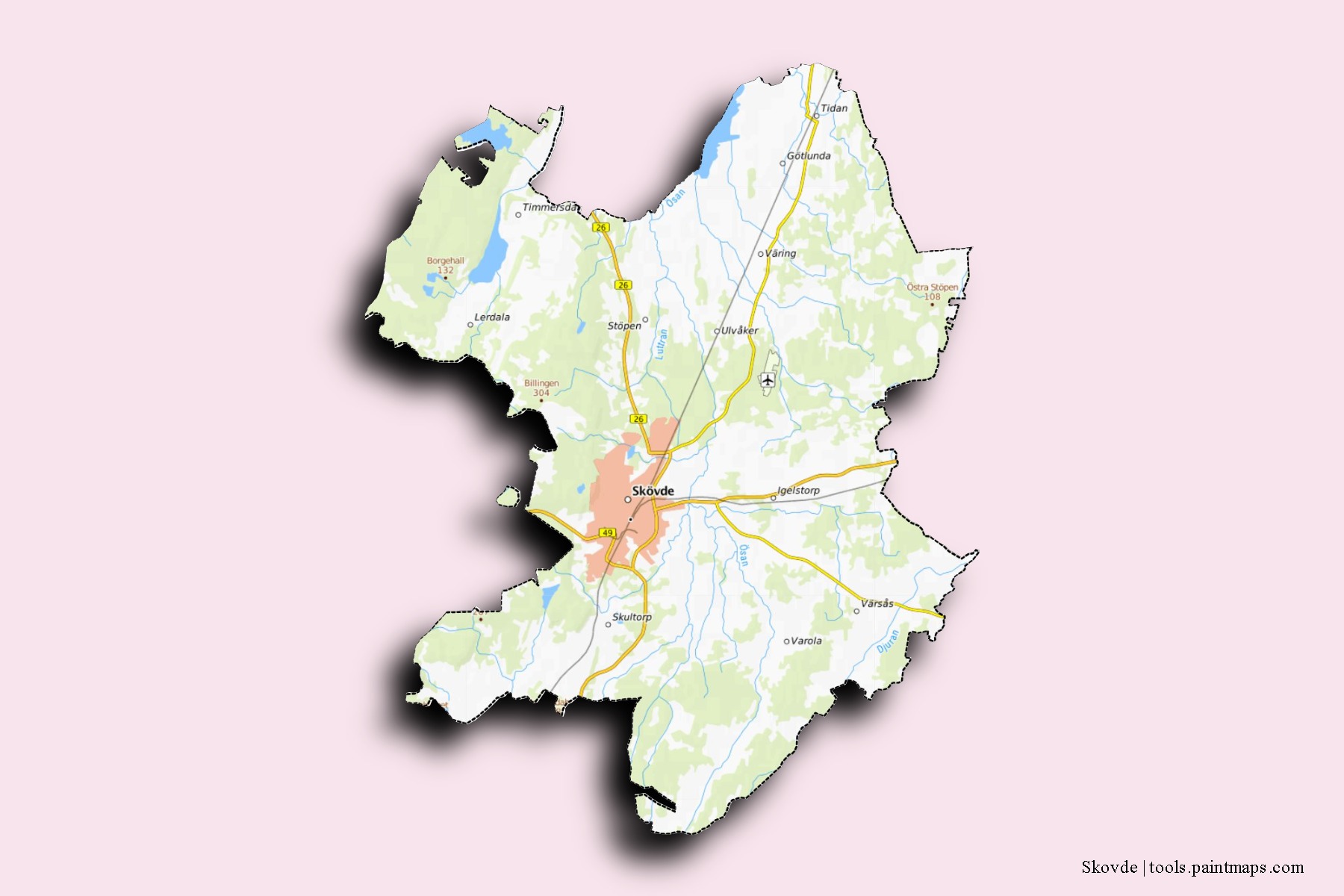 Mapa de barrios y pueblos de Skovde con efecto de sombra 3D