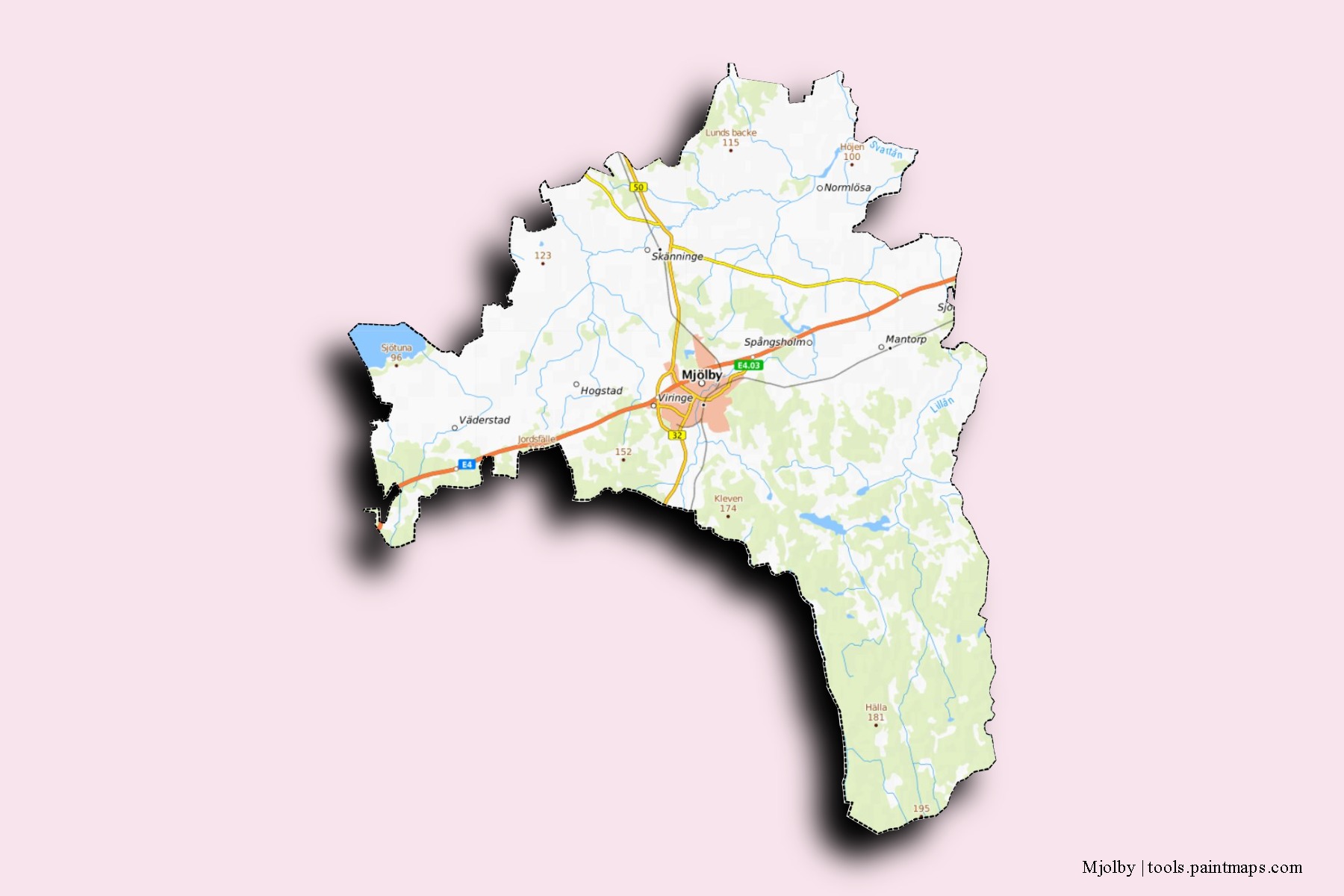 Mapa de barrios y pueblos de Mjolby con efecto de sombra 3D