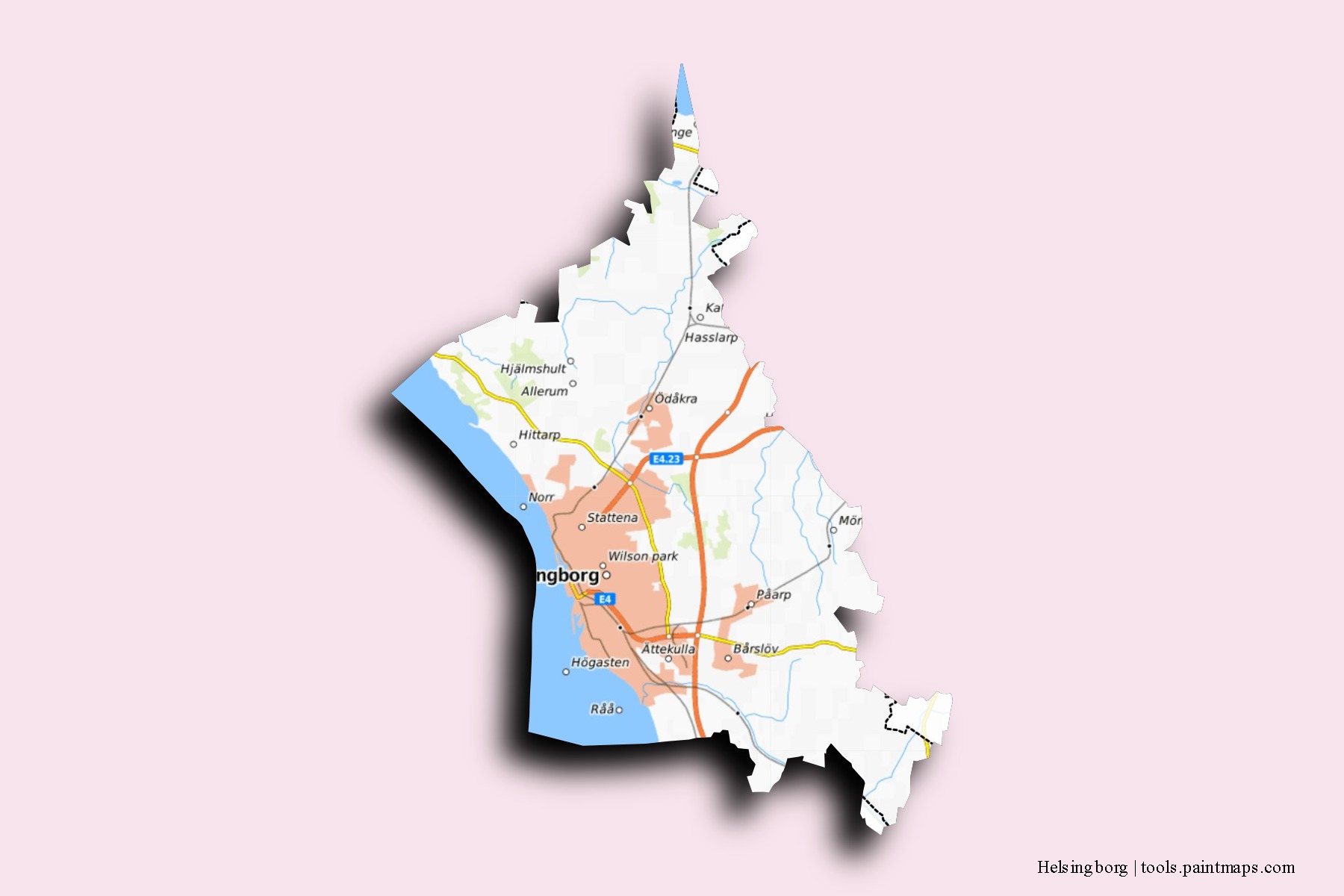 Helsingborg neighborhoods and villages map with 3D shadow effect