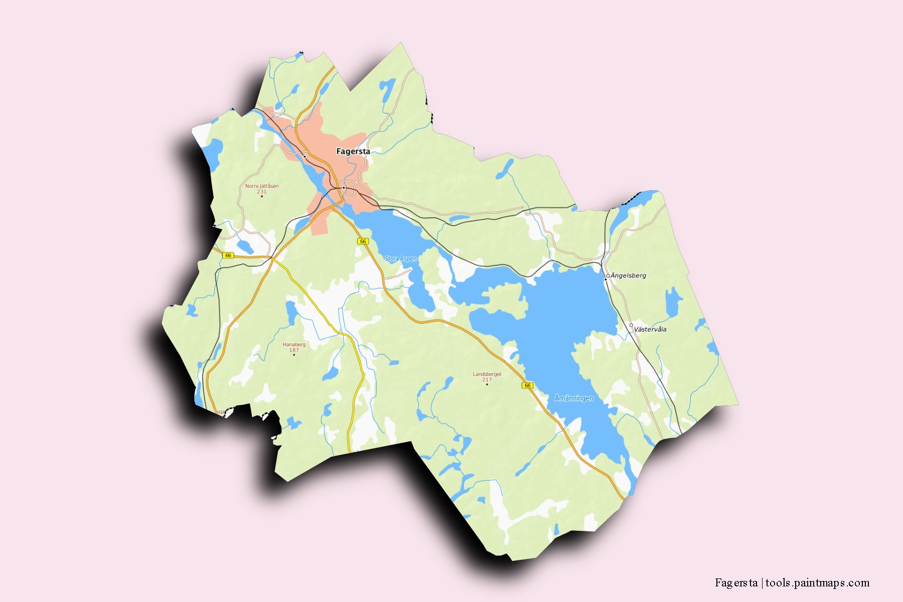 Mapa de barrios y pueblos de Fagersta con efecto de sombra 3D