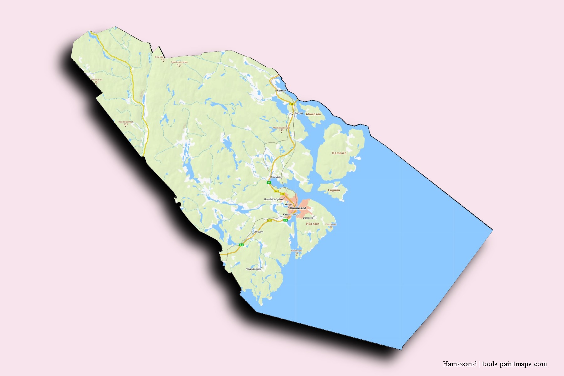 Mapa de barrios y pueblos de Harnosand con efecto de sombra 3D