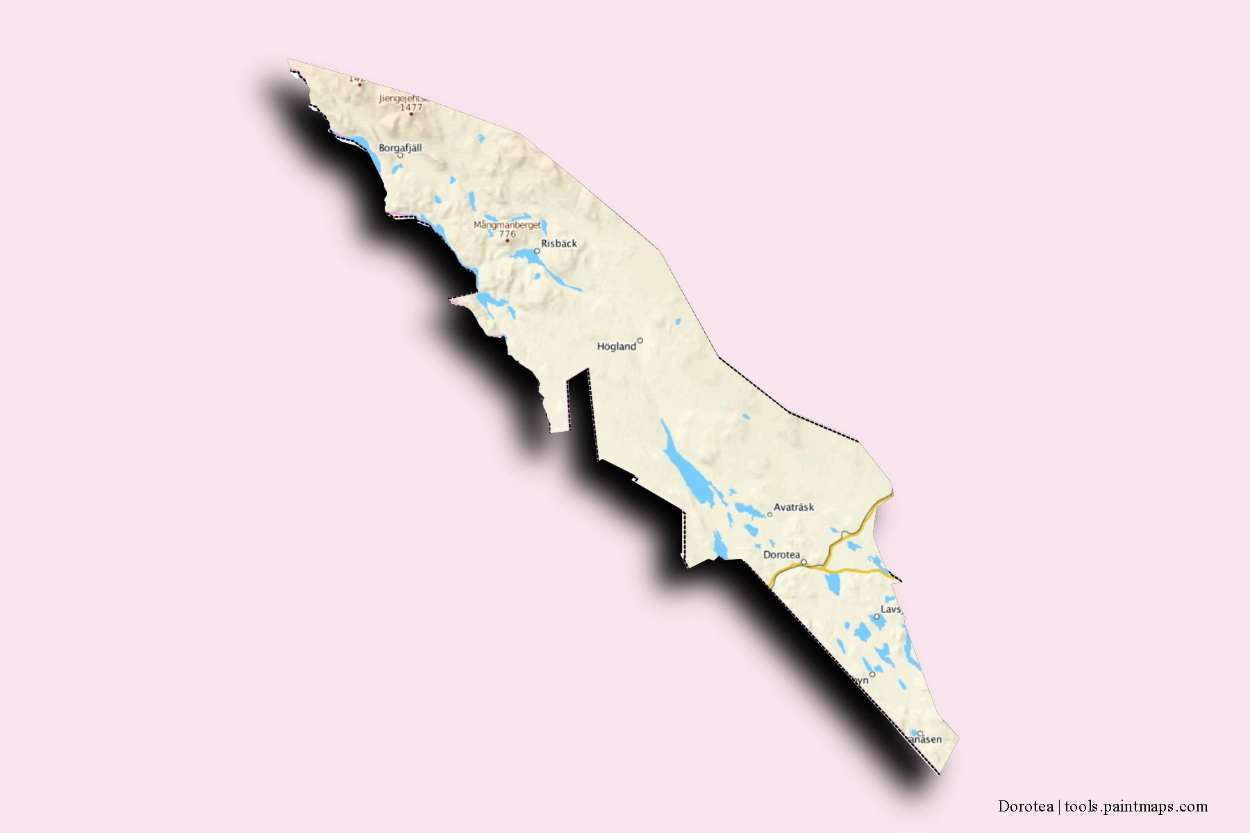 Mapa de barrios y pueblos de Dorotea con efecto de sombra 3D