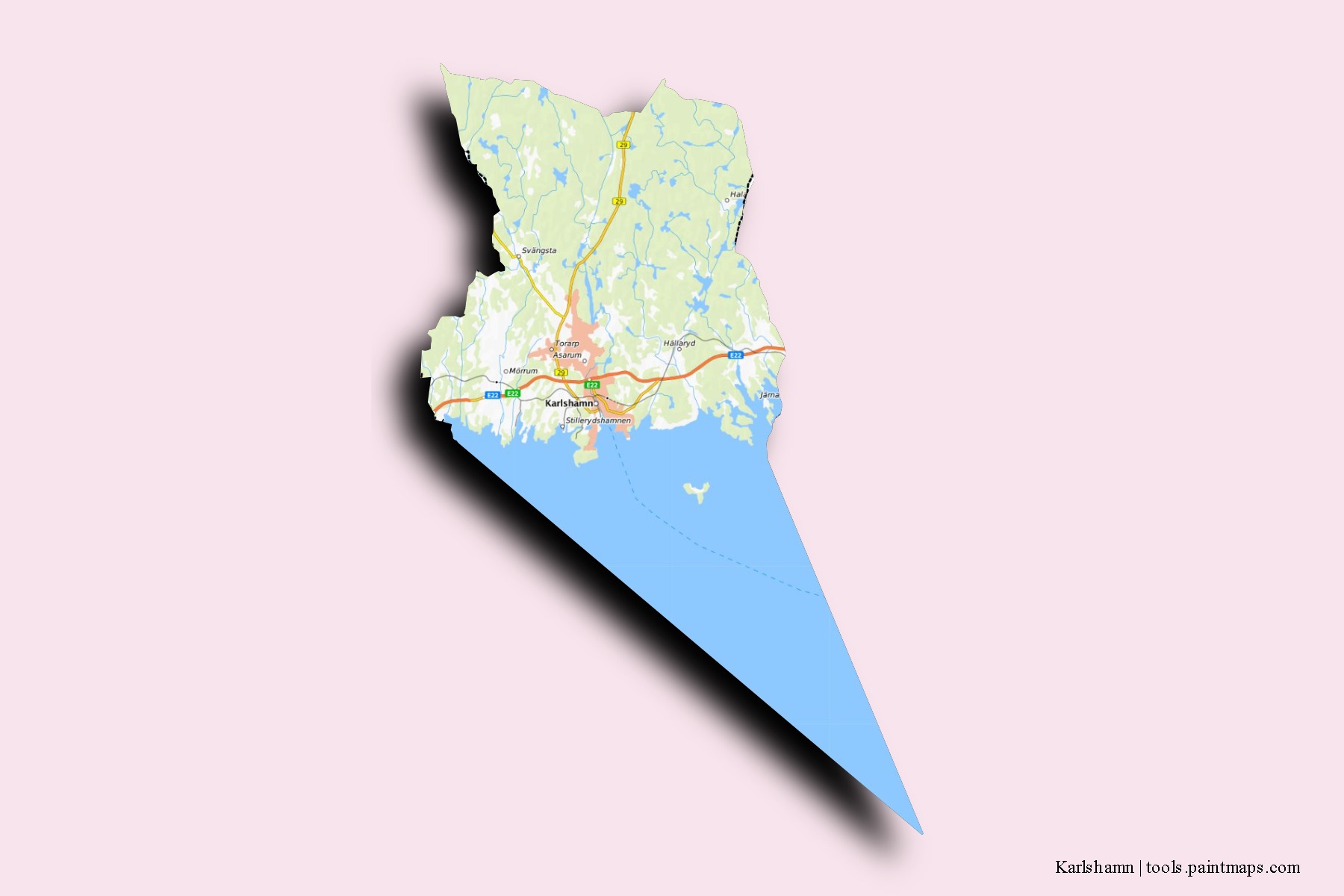 Karlshamn neighborhoods and villages map with 3D shadow effect