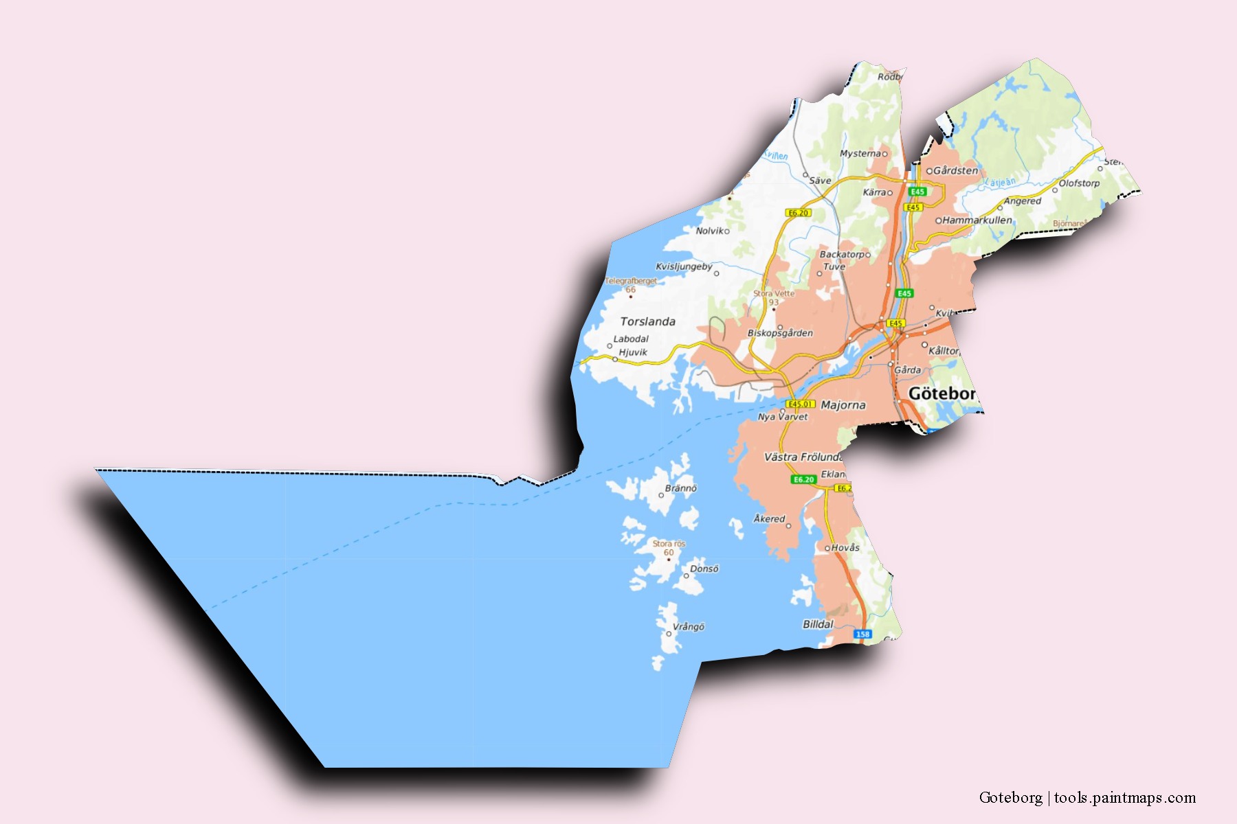 Mapa de barrios y pueblos de Goteborg con efecto de sombra 3D