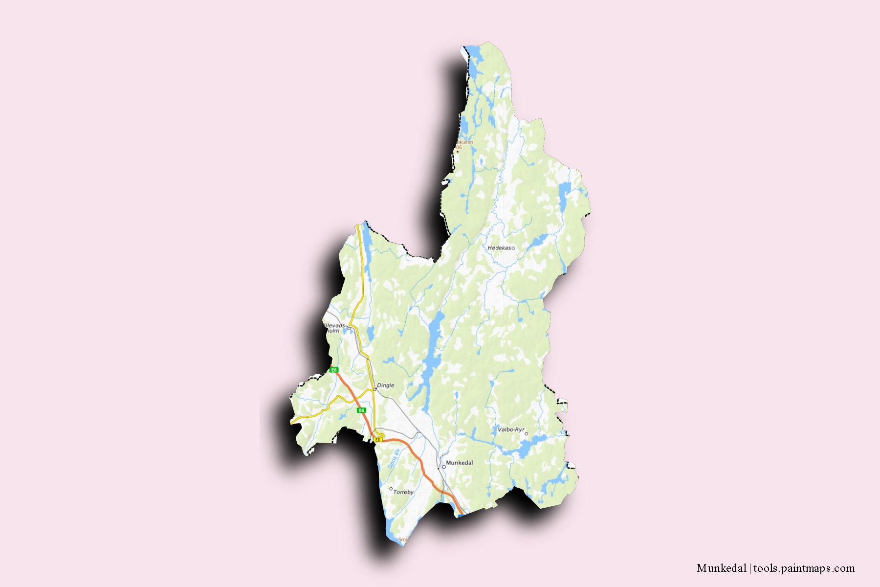 Mapa de barrios y pueblos de Munkedal con efecto de sombra 3D