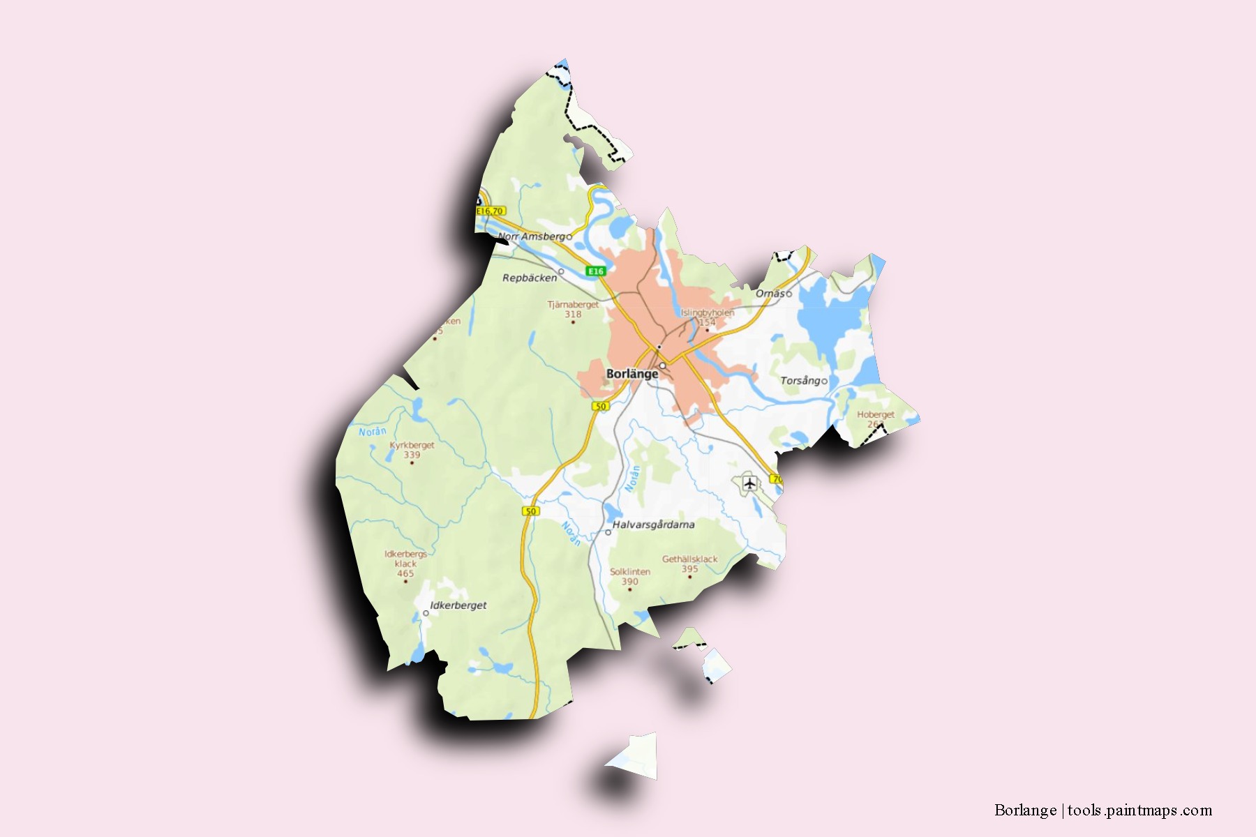 Mapa de barrios y pueblos de Borlange con efecto de sombra 3D