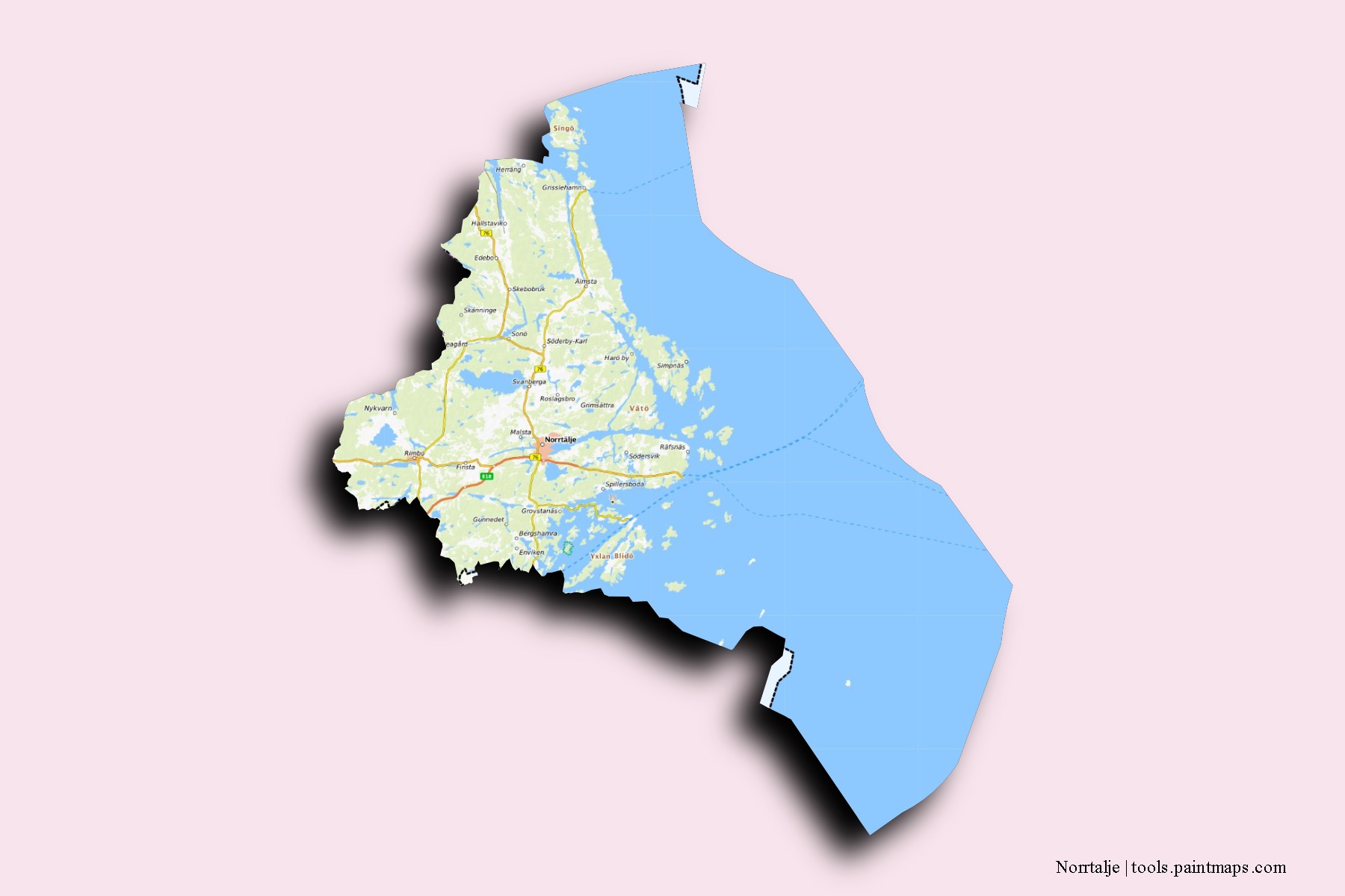 Norrtalje neighborhoods and villages map with 3D shadow effect