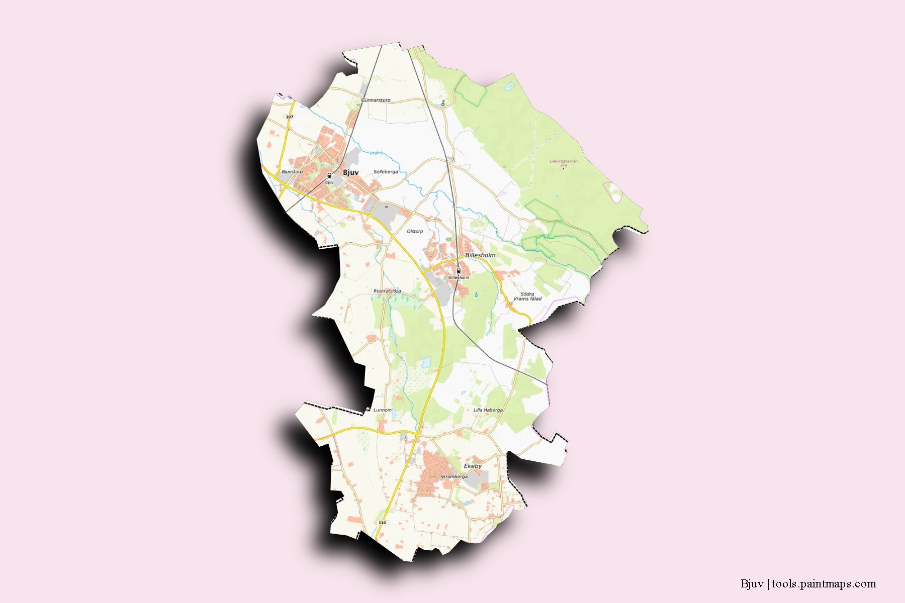 Bjuv neighborhoods and villages map with 3D shadow effect