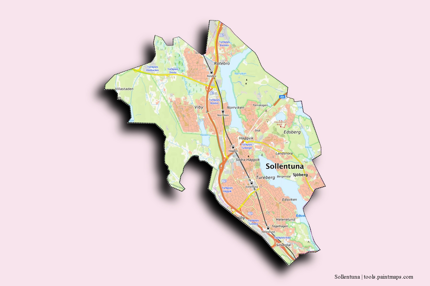 Sollentuna neighborhoods and villages map with 3D shadow effect