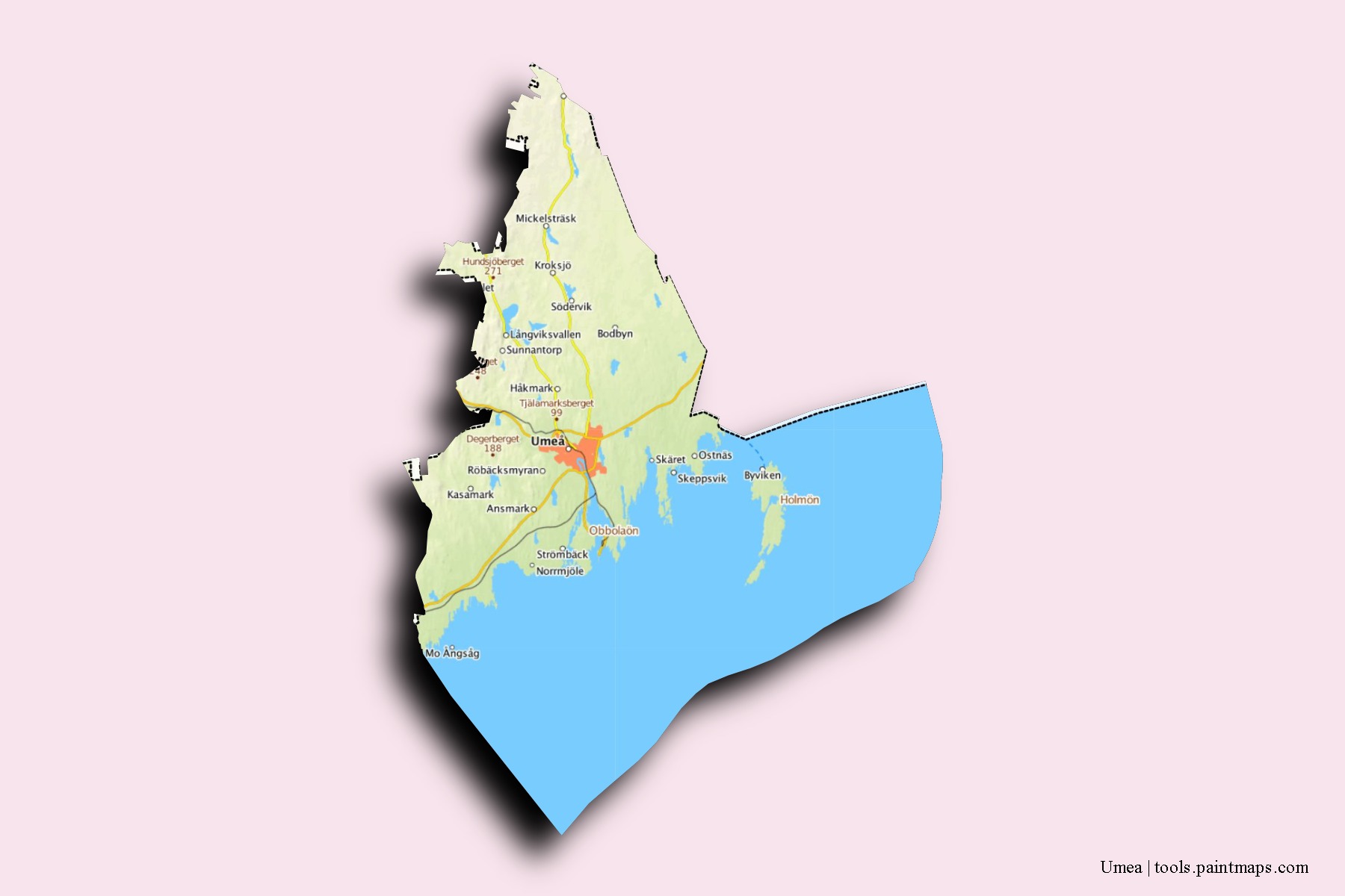 Umea neighborhoods and villages map with 3D shadow effect