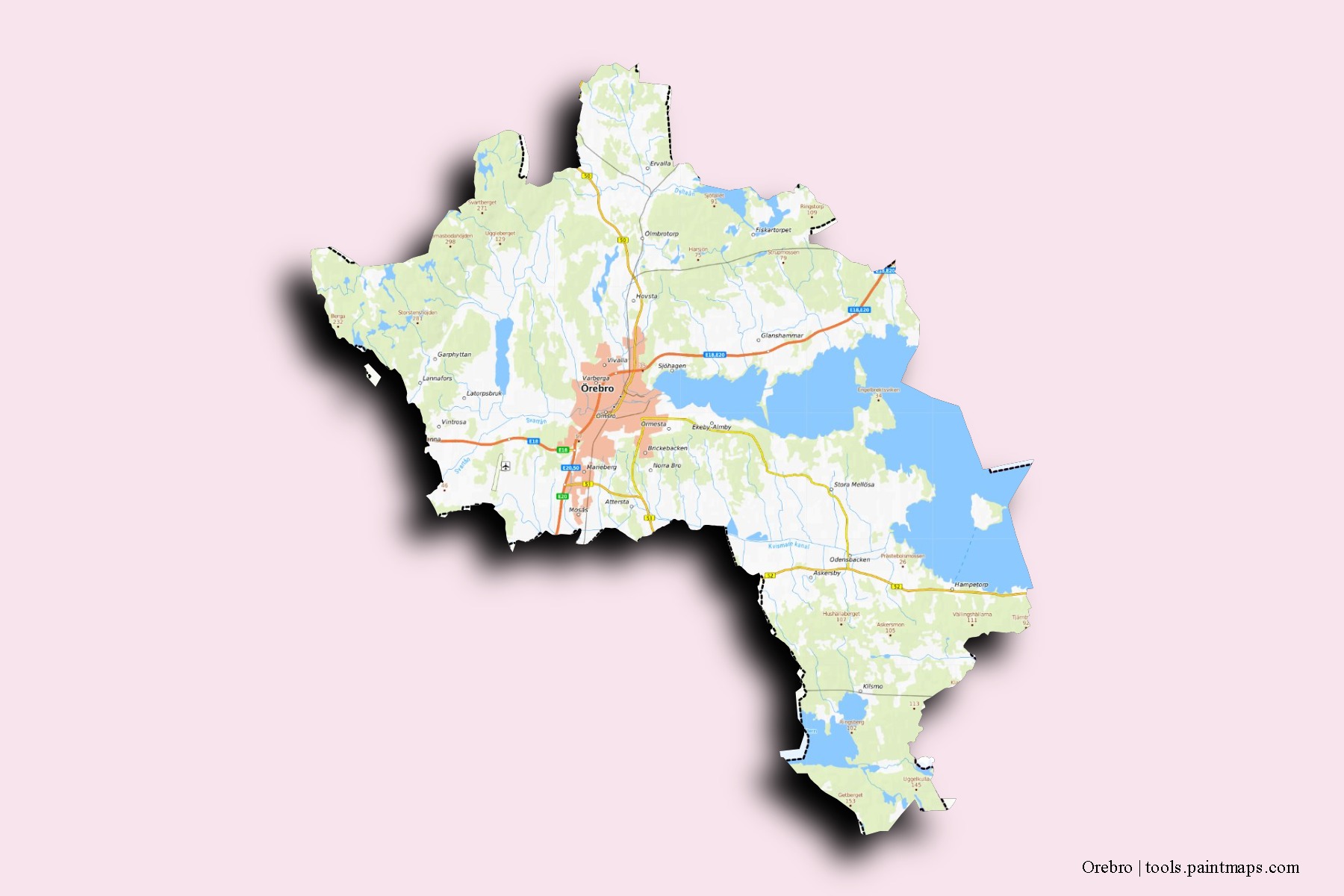 Orebro neighborhoods and villages map with 3D shadow effect