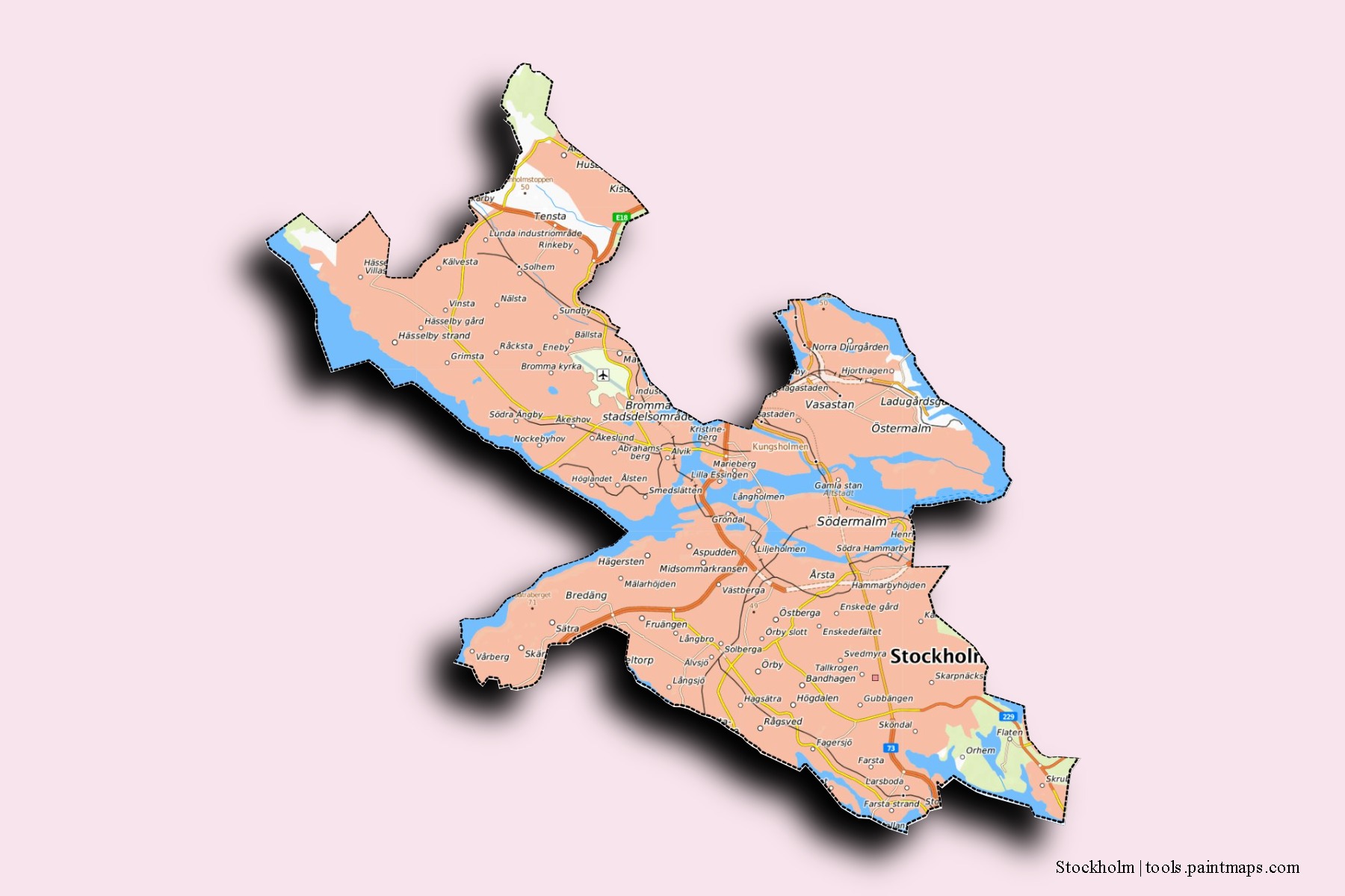 Stockholm neighborhoods and villages map with 3D shadow effect