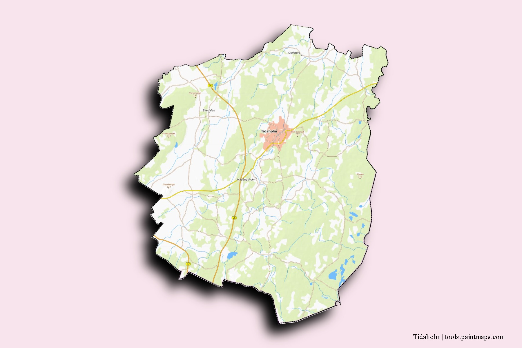 Mapa de barrios y pueblos de Tidaholm con efecto de sombra 3D