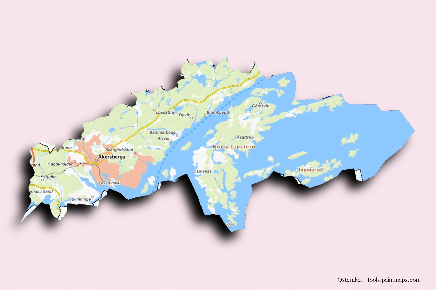 Osteraker neighborhoods and villages map with 3D shadow effect