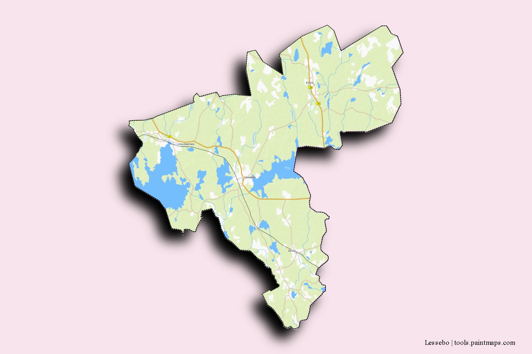 Mapa de barrios y pueblos de Lessebo con efecto de sombra 3D