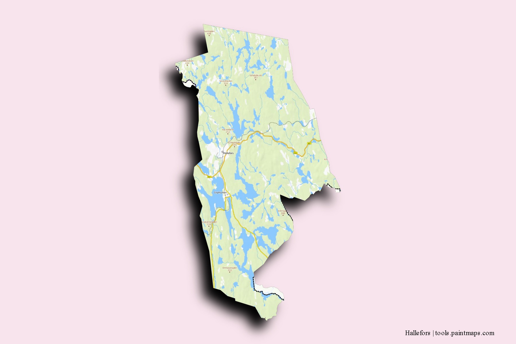 Hallefors neighborhoods and villages map with 3D shadow effect