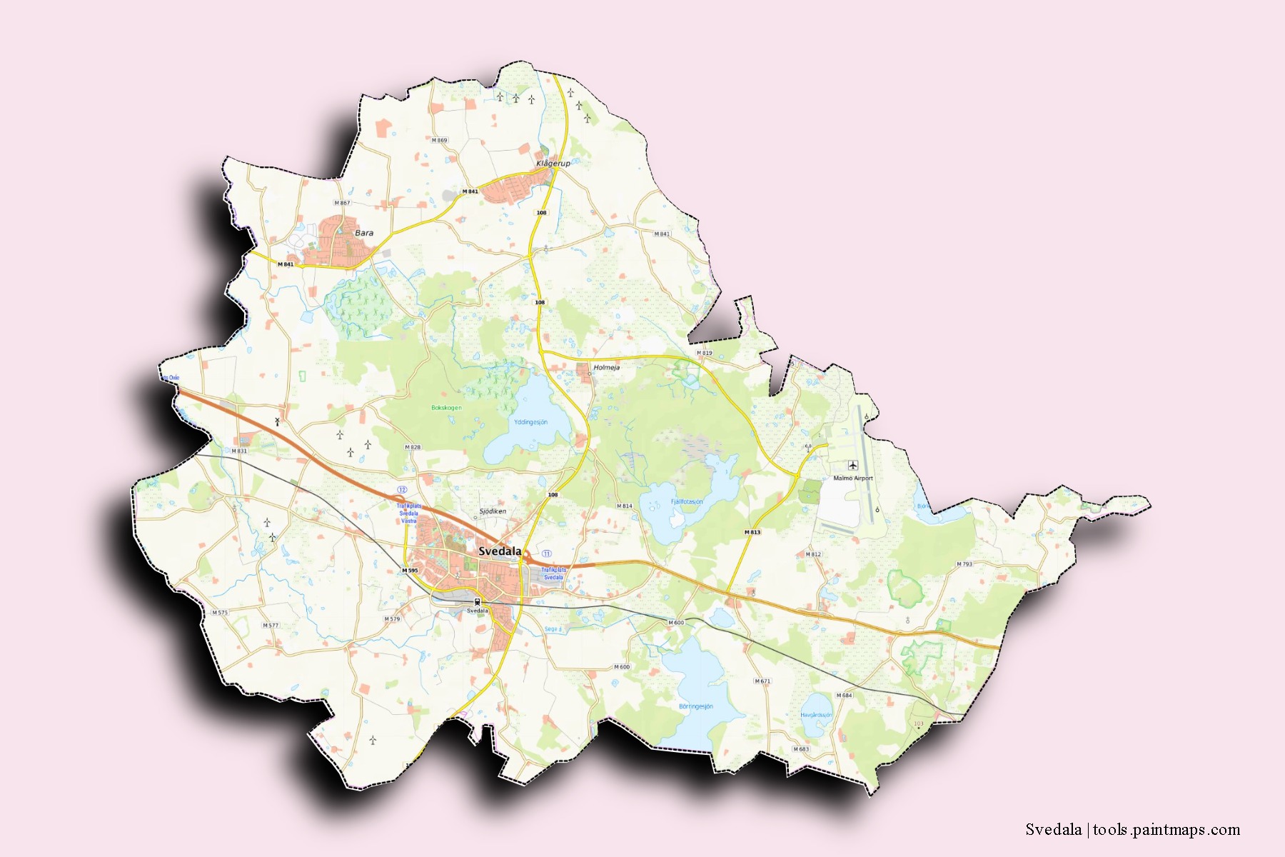 Mapa de barrios y pueblos de Svedala con efecto de sombra 3D